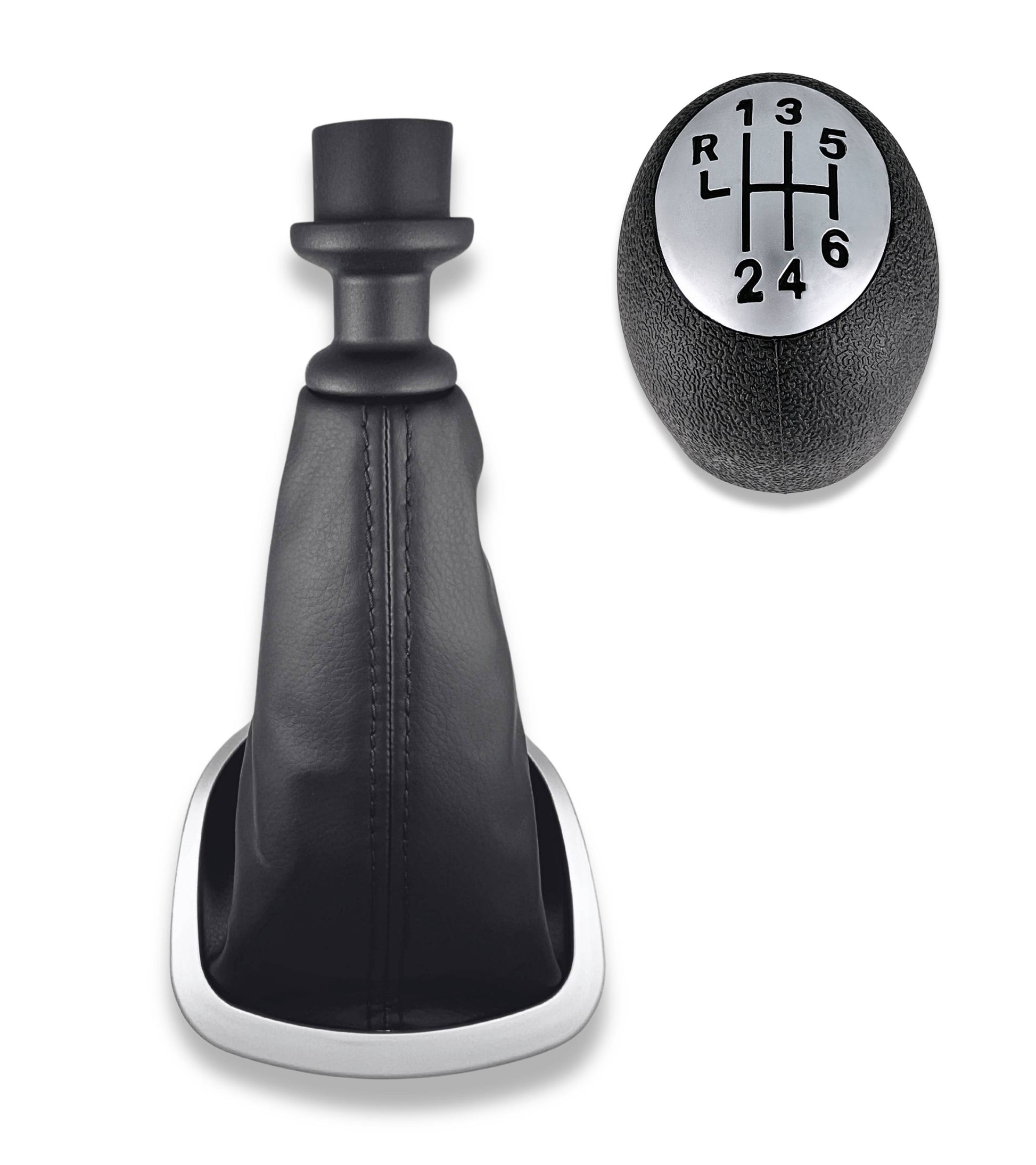 Kit Pomello Leva Cambio 6 Marce, Cuffia Nera e Cornice Argento Satinato con Ghiera Compatibile con Renault Clio III Prima Versione 2005-2012