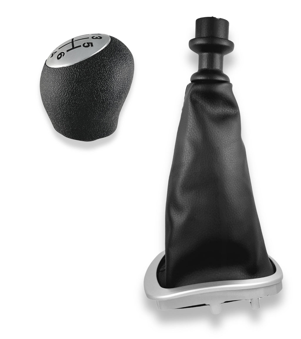 Kit Pomello Leva Cambio 6 Marce, Cuffia Nera e Cornice Argento Satinato con Ghiera Compatibile con Renault Clio III Prima Versione 2005-2012