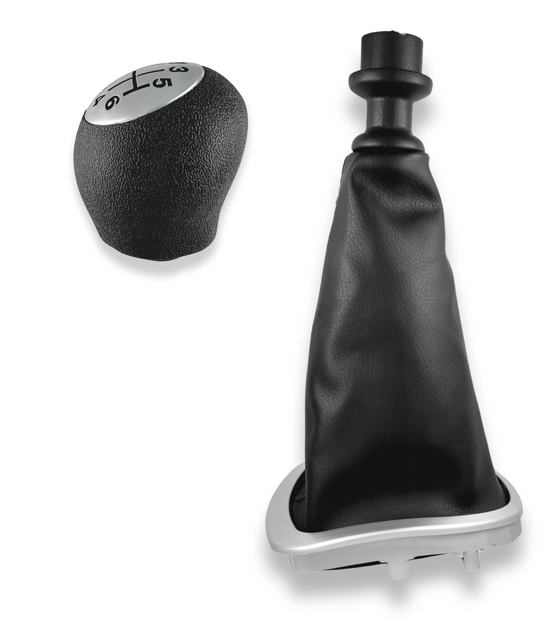 Kit Pomello Leva Cambio 6 Marce, Cuffia Nera e Cornice Argento Satinato con Ghiera Compatibile con Renault Clio III Prima Versione 2005-2012