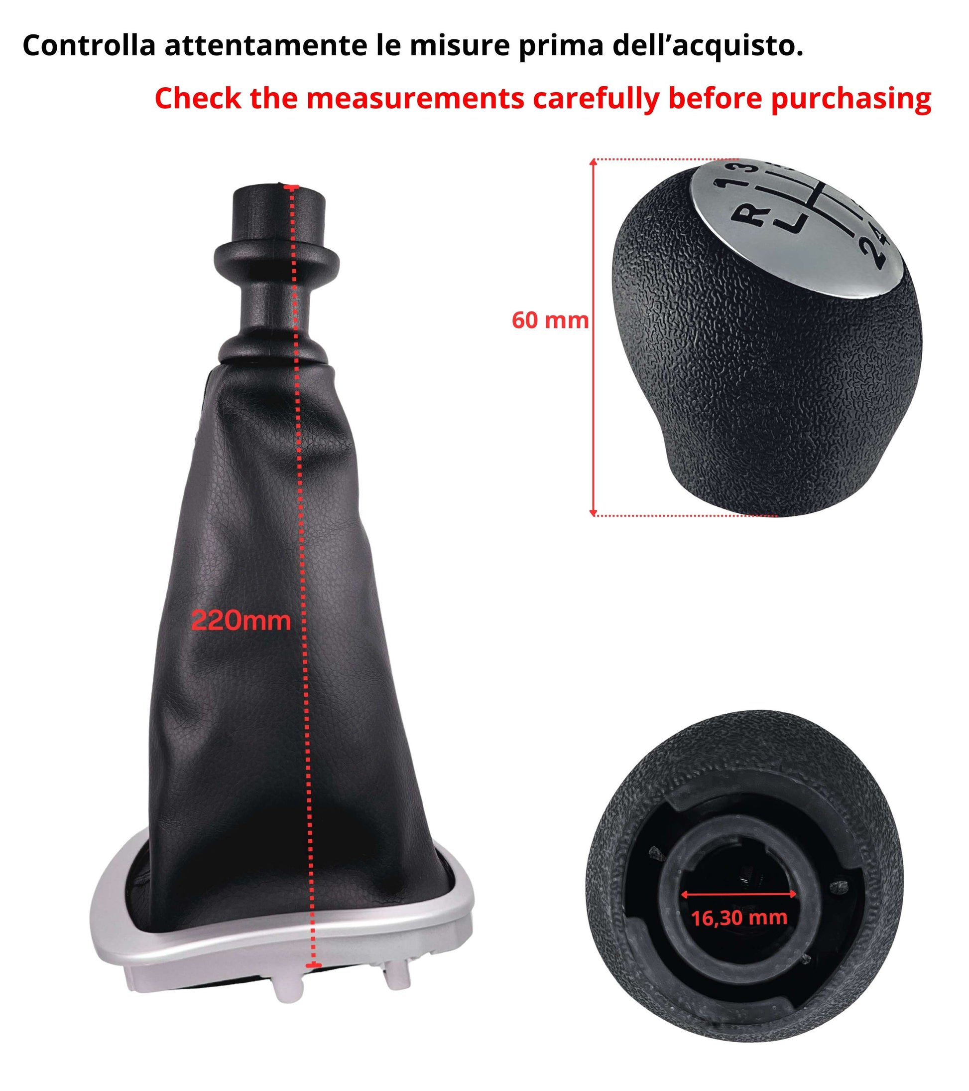 Kit Pomello Leva Cambio 6 Marce, Cuffia Nera e Cornice Argento Satinato con Ghiera Compatibile con Renault Clio III Prima Versione 2005-2012