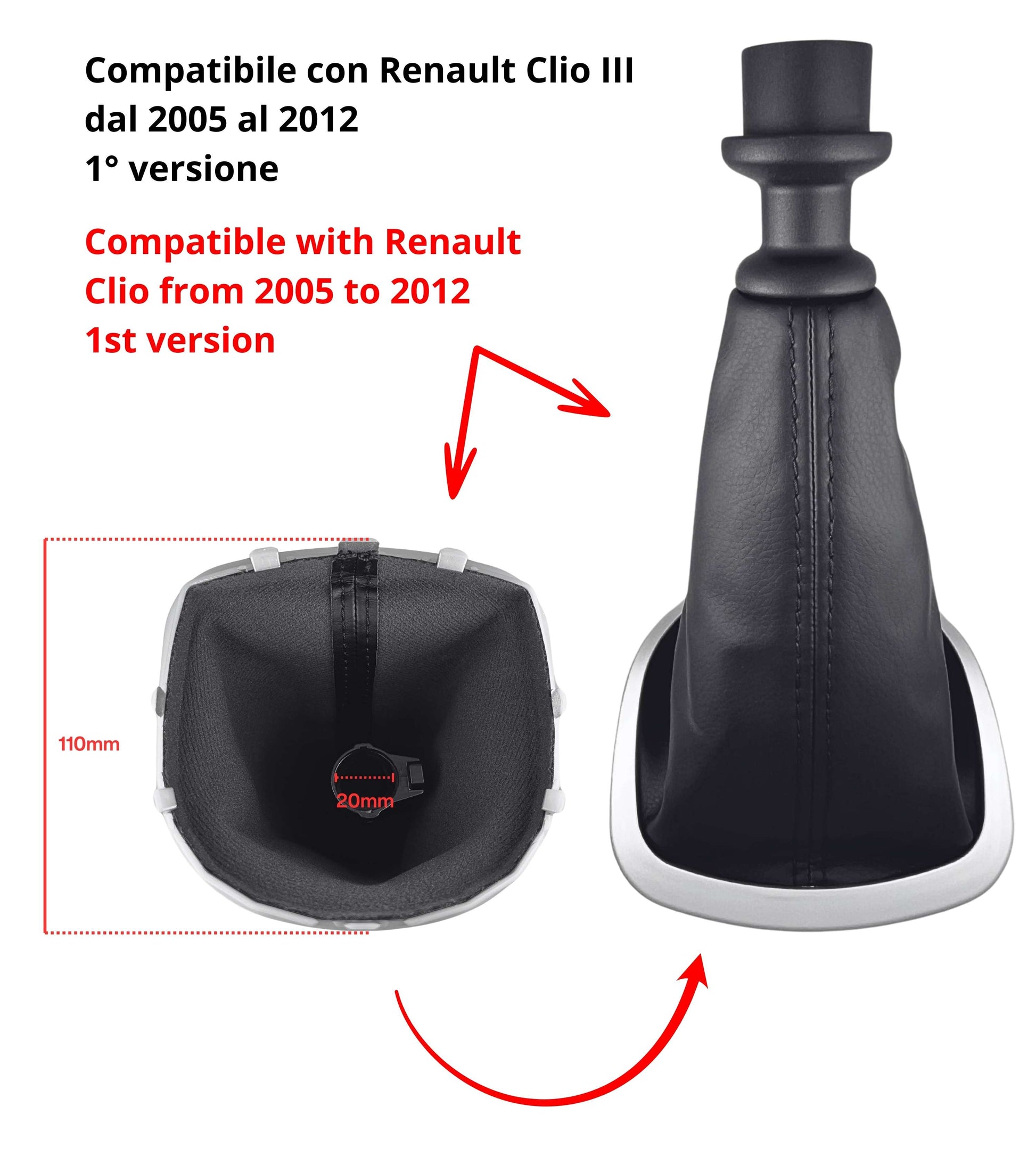 Kit Pomello Leva Cambio 6 Marce, Cuffia Nera e Cornice Argento Satinato con Ghiera Compatibile con Renault Clio III Prima Versione 2005-2012