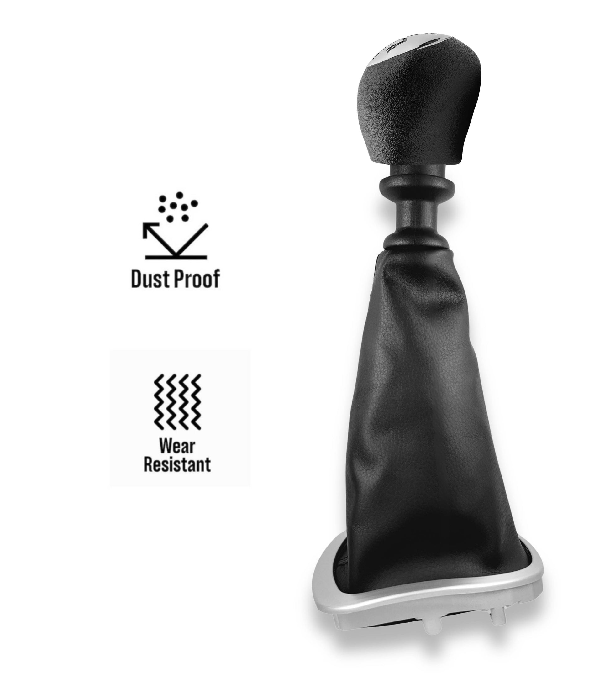 Kit Pomello Leva Cambio 6 Marce, Cuffia Nera e Cornice Argento Satinato con Ghiera Compatibile con Renault Clio III Prima Versione 2005-2012
