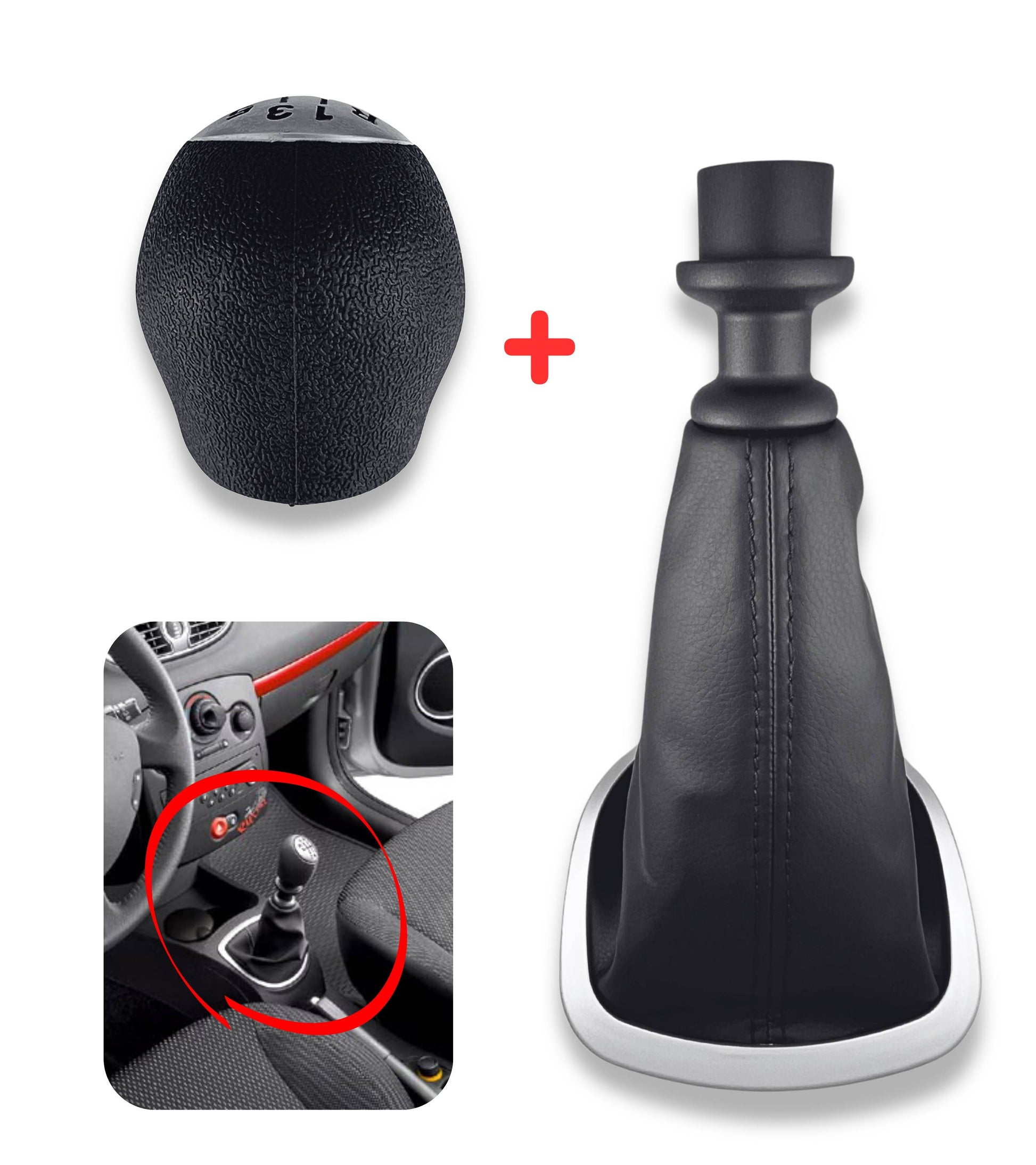 Kit Pomello Leva Cambio 6 Marce, Cuffia Nera e Cornice Argento Satinato con Ghiera Compatibile con Renault Clio III Prima Versione 2005-2012