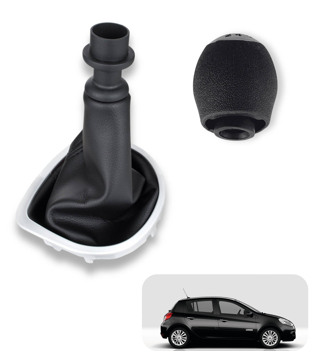 Kit Pomello Leva Cambio 6 Marce, Cuffia Nera e Cornice Argento Satinato con Ghiera Compatibile con Renault Clio III Prima Versione 2005-2012