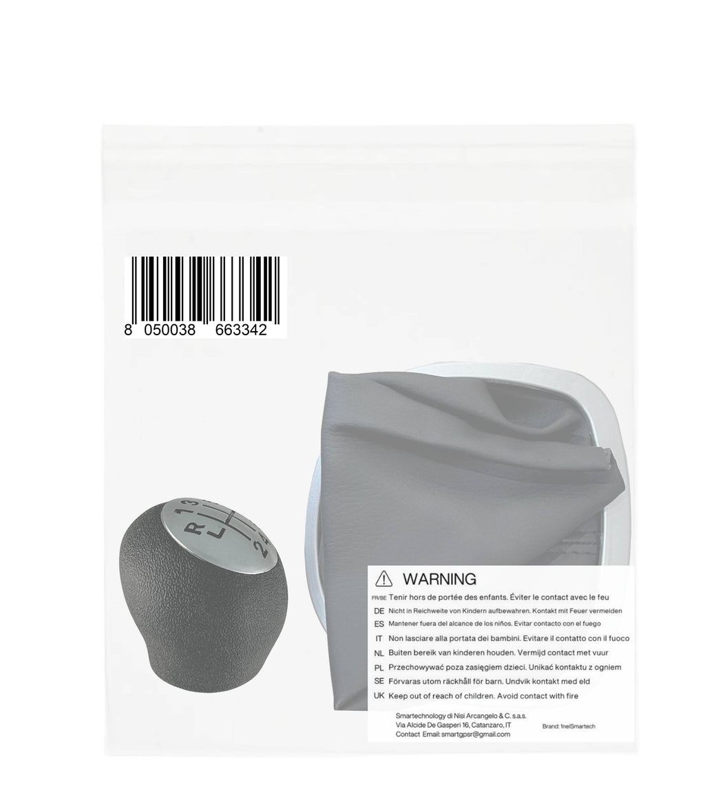 Kit Pomello Leva Cambio 6 Marce, Cuffia Nera e Cornice Argento Satinato con Ghiera Compatibile con Renault Clio III Prima Versione 2005-2012