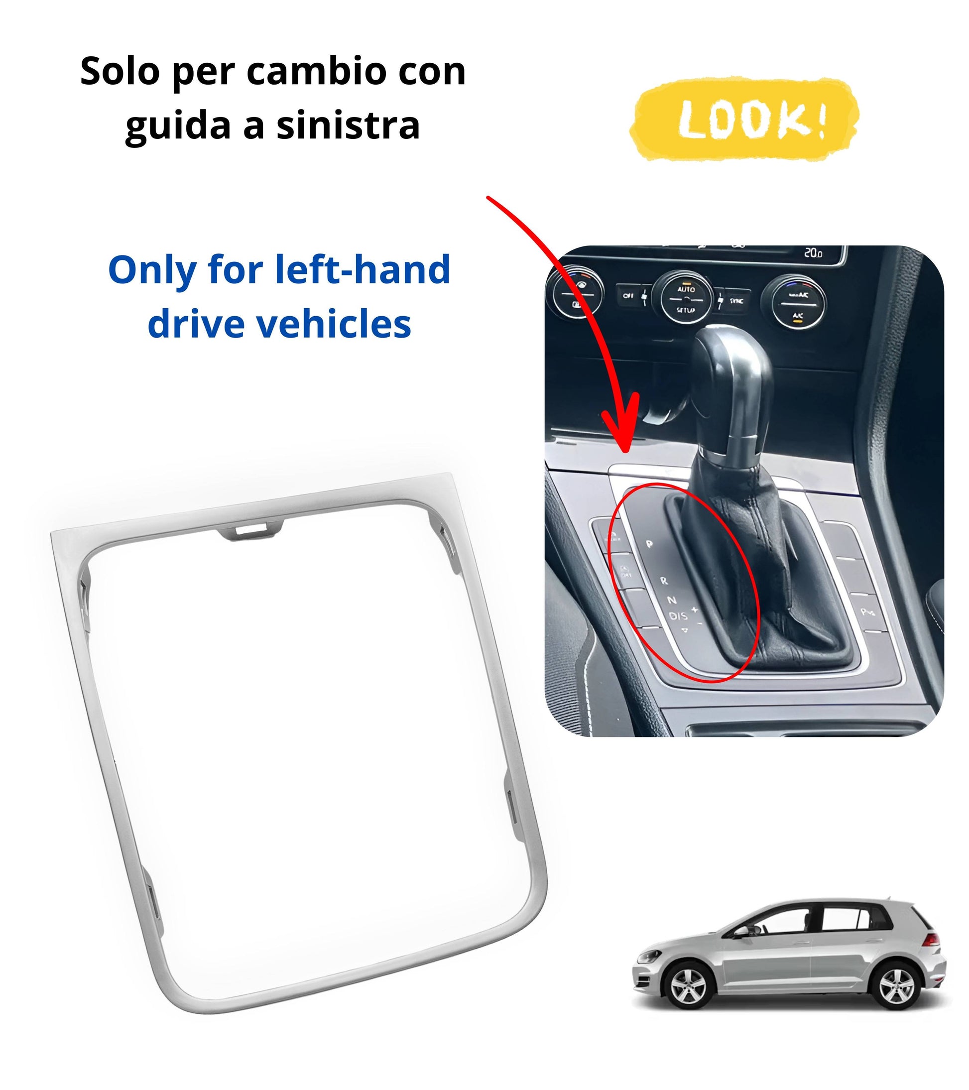 Automatic Gear Shift Knob Cover Trim, Satin Silver, Compatible with Volkswagen Golf 7 and Golf 7.5 (VII) 2012-2020, Left Hand Drive (LHD) Only