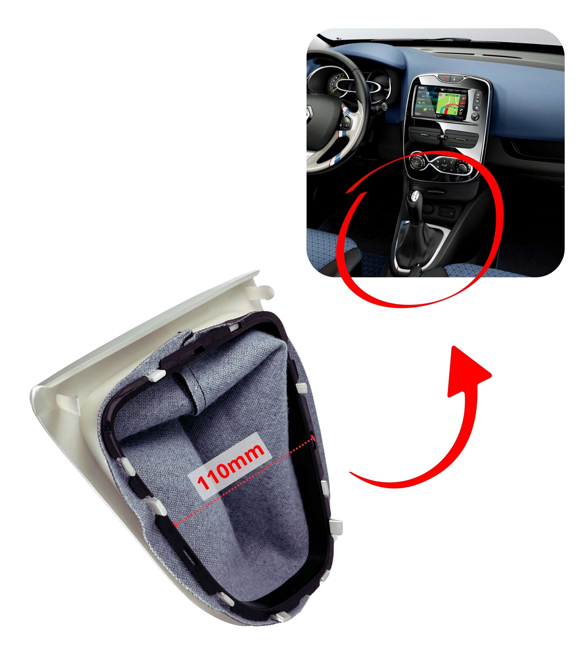 Kit Cuffia Cambio Nera con Cornice Argento/Grigio e Ghiera di Ritenzione – Compatibile con Renault Clio IV (2012-2020) – Trama a Nido d'Ape