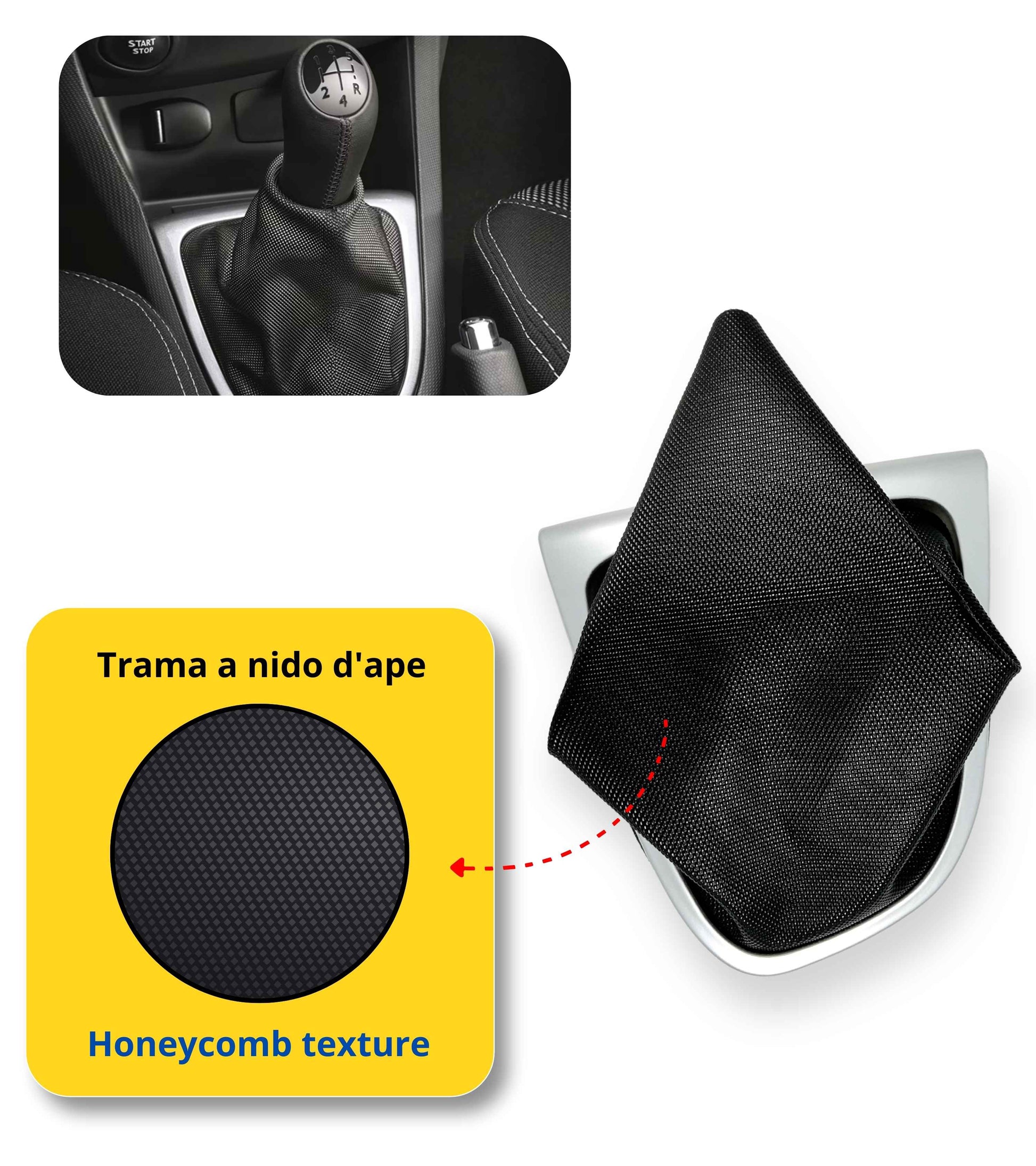 Kit Cuffia Cambio Nera con Cornice Argento/Grigio e Ghiera di Ritenzione – Compatibile con Renault Clio IV (2012-2020) – Trama a Nido d'Ape