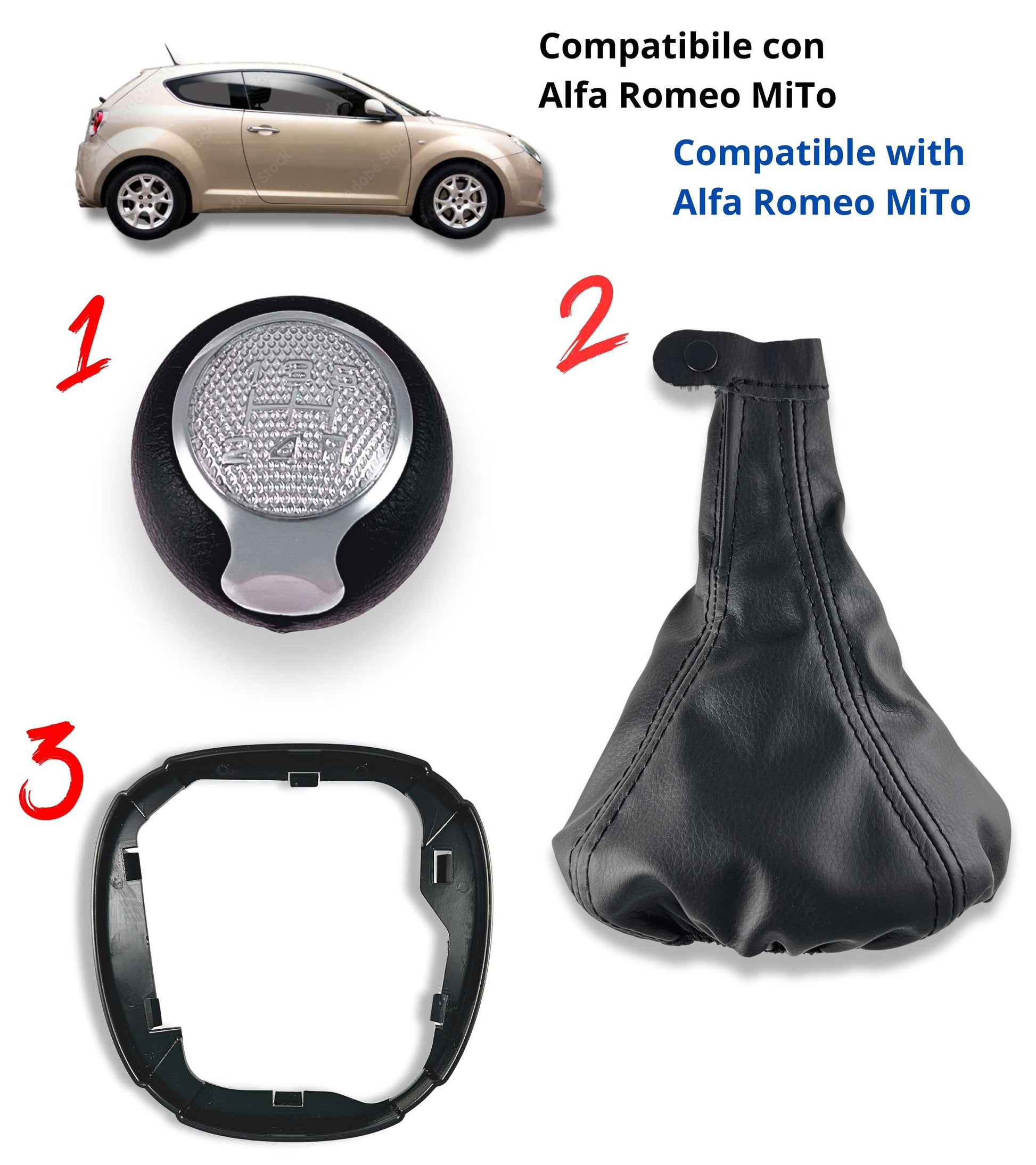 5 Speed ​​Gear Knob Kit with Black Cap and Ring Compatible with Alfa Romeo MiTo from 2008 OEM 55344848 and 156088073 