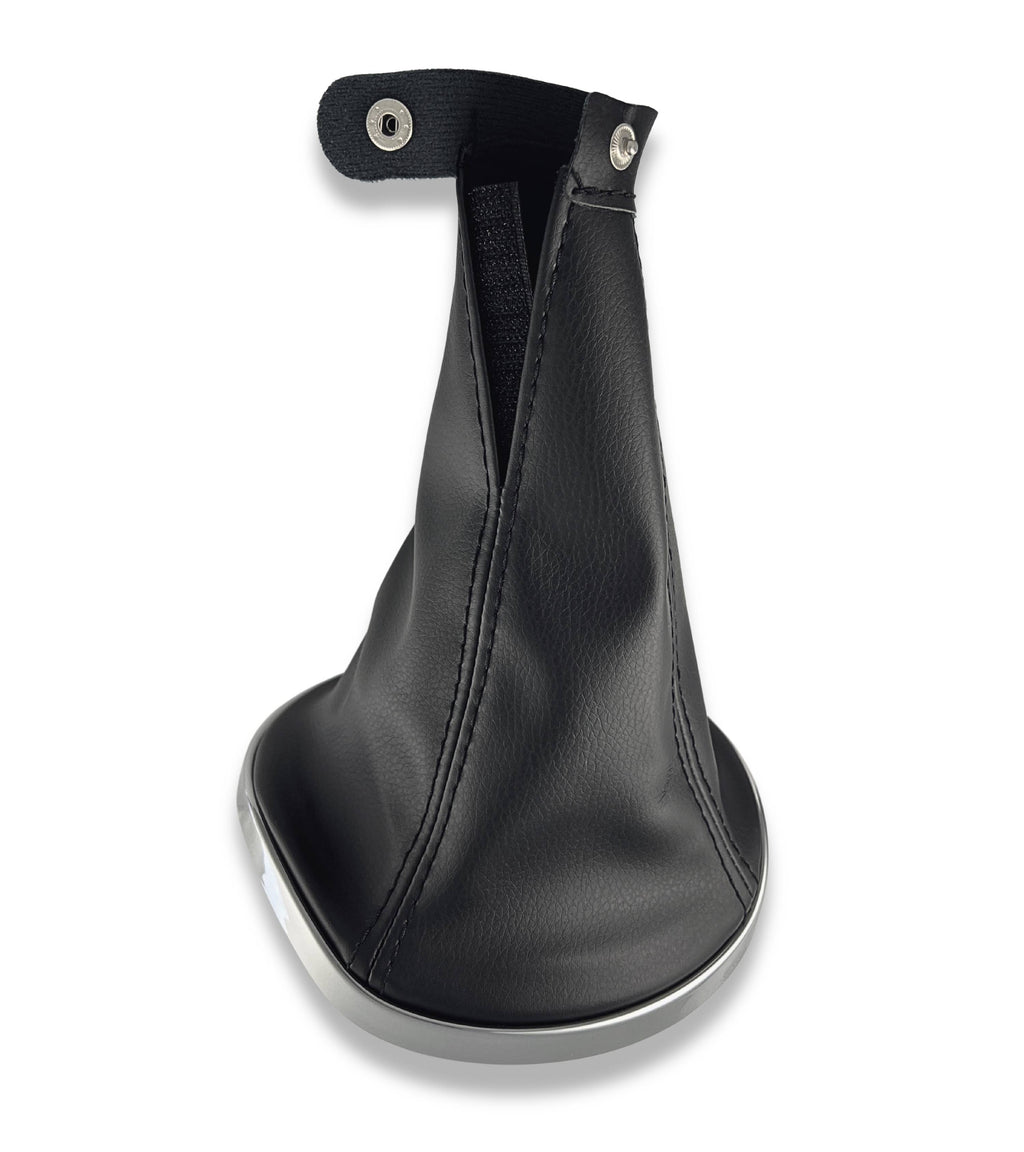 Black Gear Lever Boot with Chrome Silver Outer Frame and Retaining Ring Compatible with Lancia Ypsilon (843) 2003-2011, OEM 735442310
