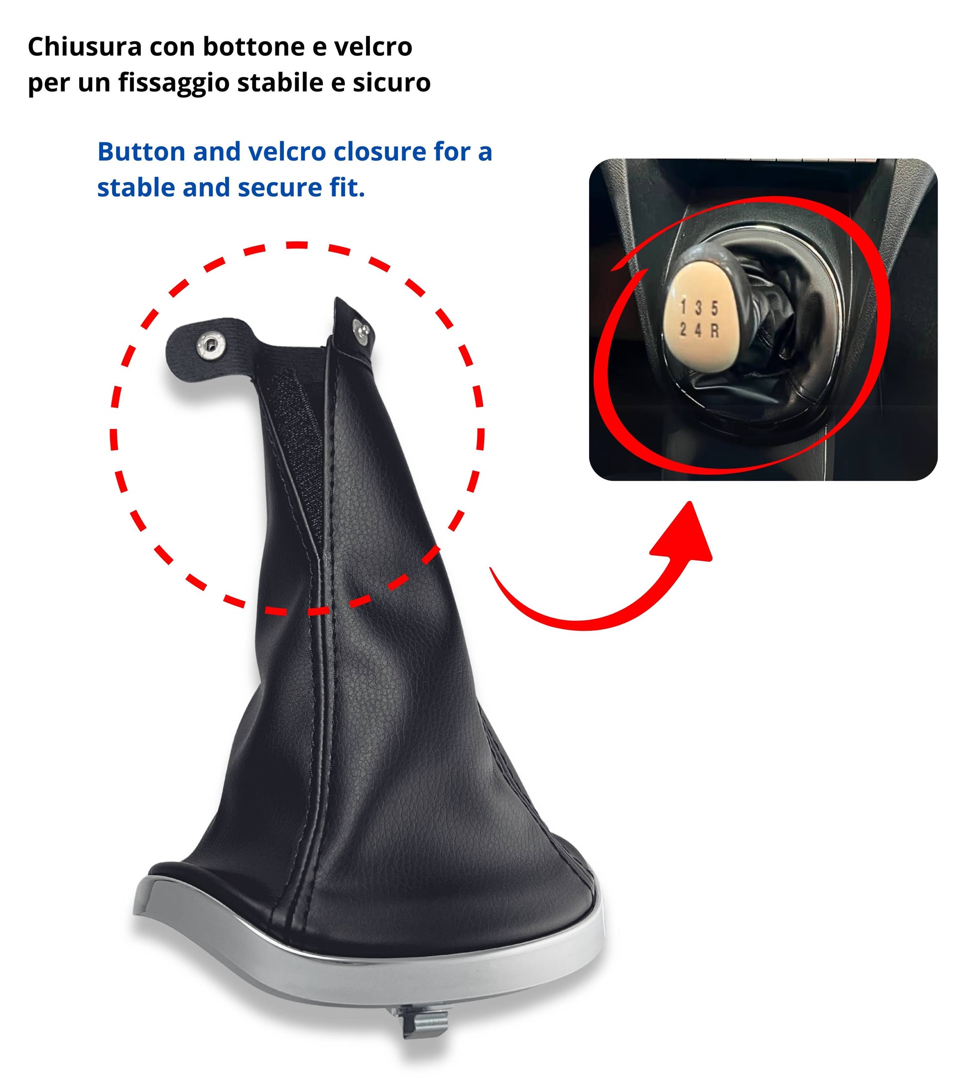 Black Gear Lever Boot with Chrome Silver Outer Frame and Retaining Ring Compatible with Lancia Ypsilon (843) 2003-2011, OEM 735442310