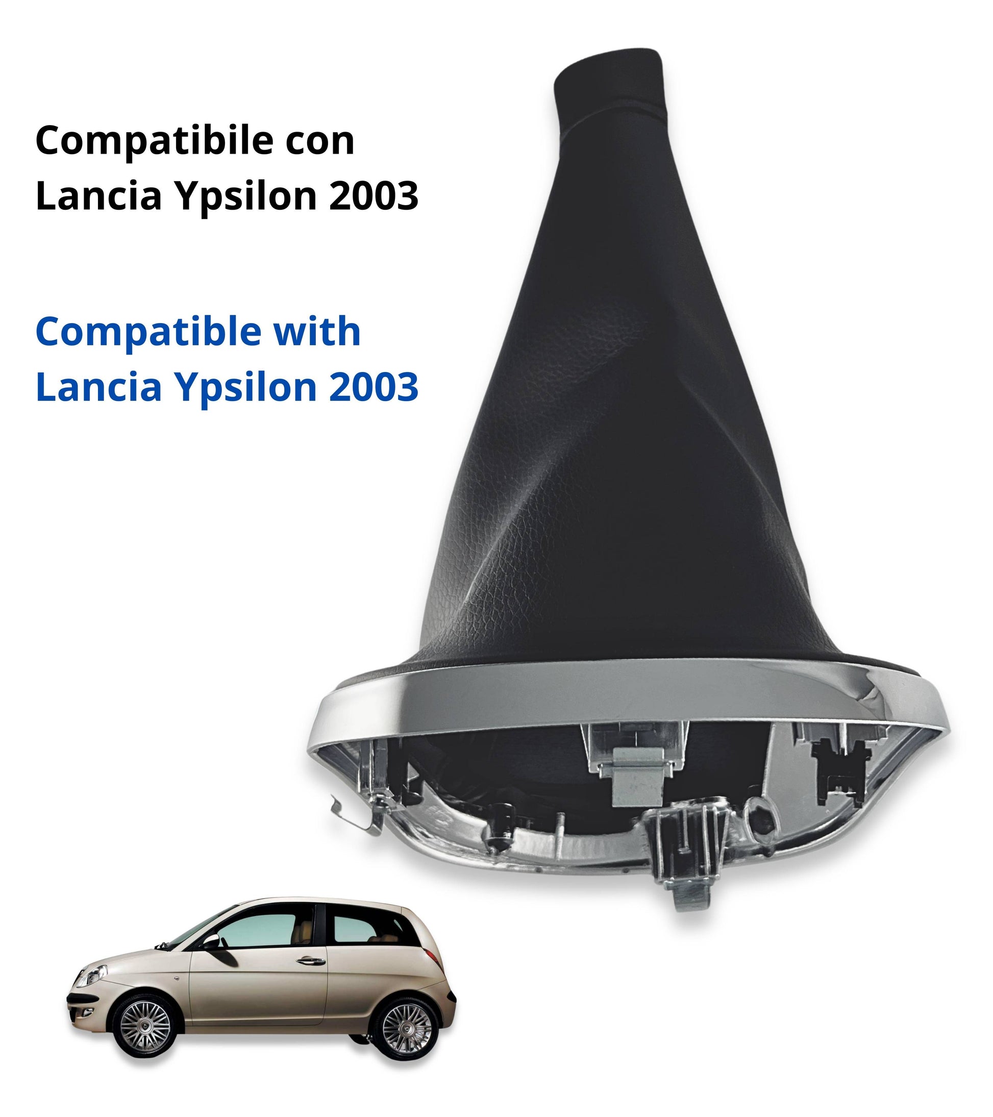 Black Gear Lever Boot with Chrome Silver Outer Frame and Retaining Ring Compatible with Lancia Ypsilon (843) 2003-2011, OEM 735442310
