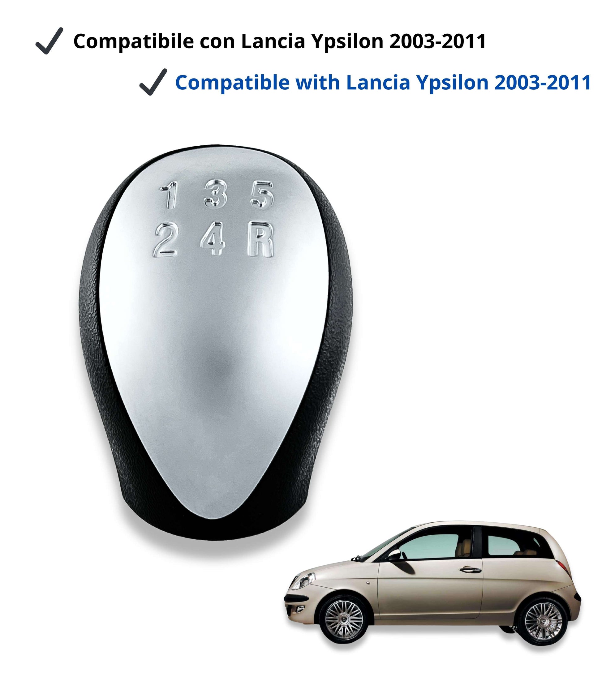 5 Speed ​​Gear Shift Knob Compatible with Lancia Ypsilon (843) 2003–2011, Satin Silver Plate, Compatible OEM 6930520