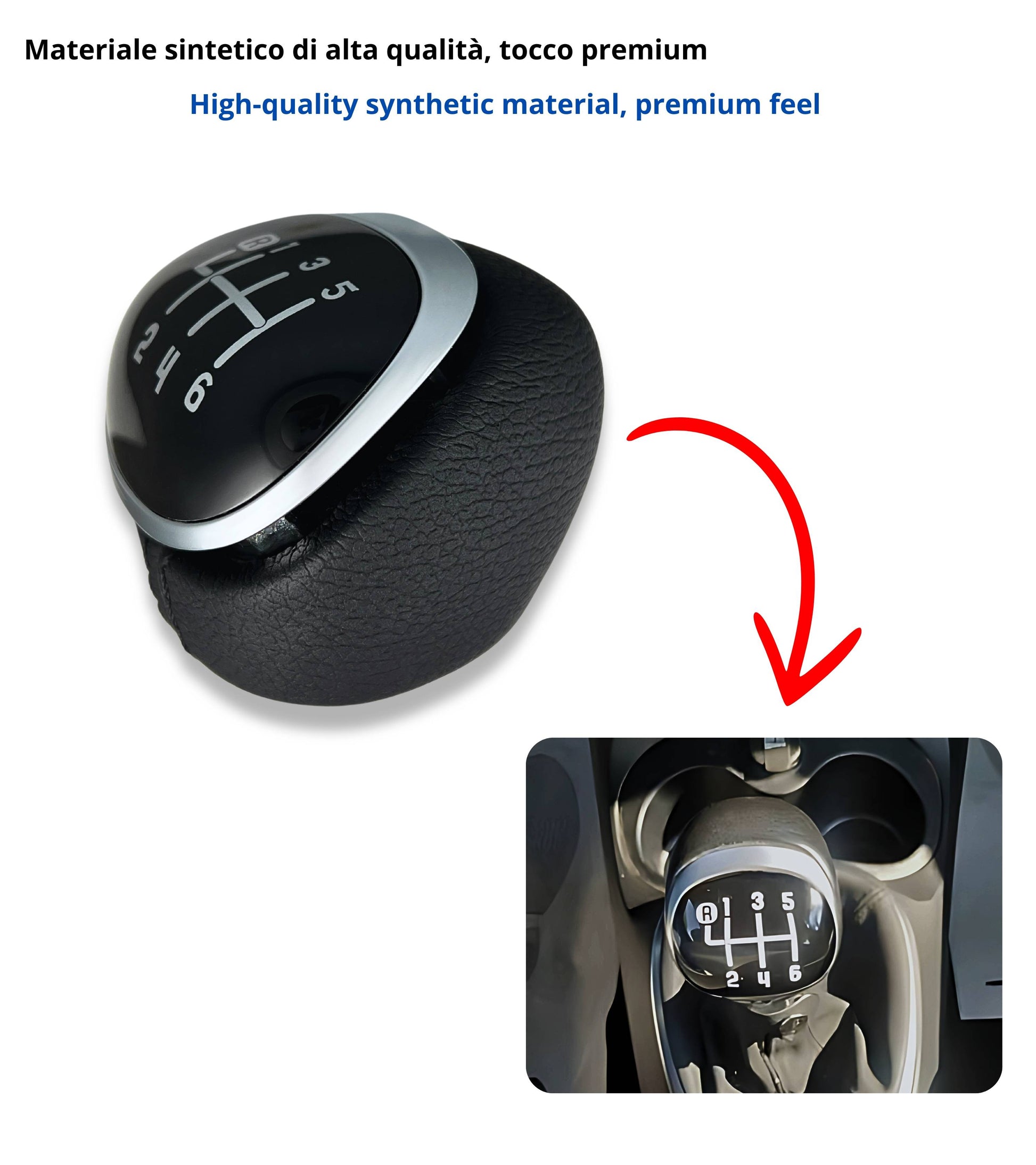 6 Speed ​​Gear Shift Knob Compatible with Fiat 500L 2012–2017 OEM 50293969 46314754 Black Lens Silver Metal Hole Reverse Top Left