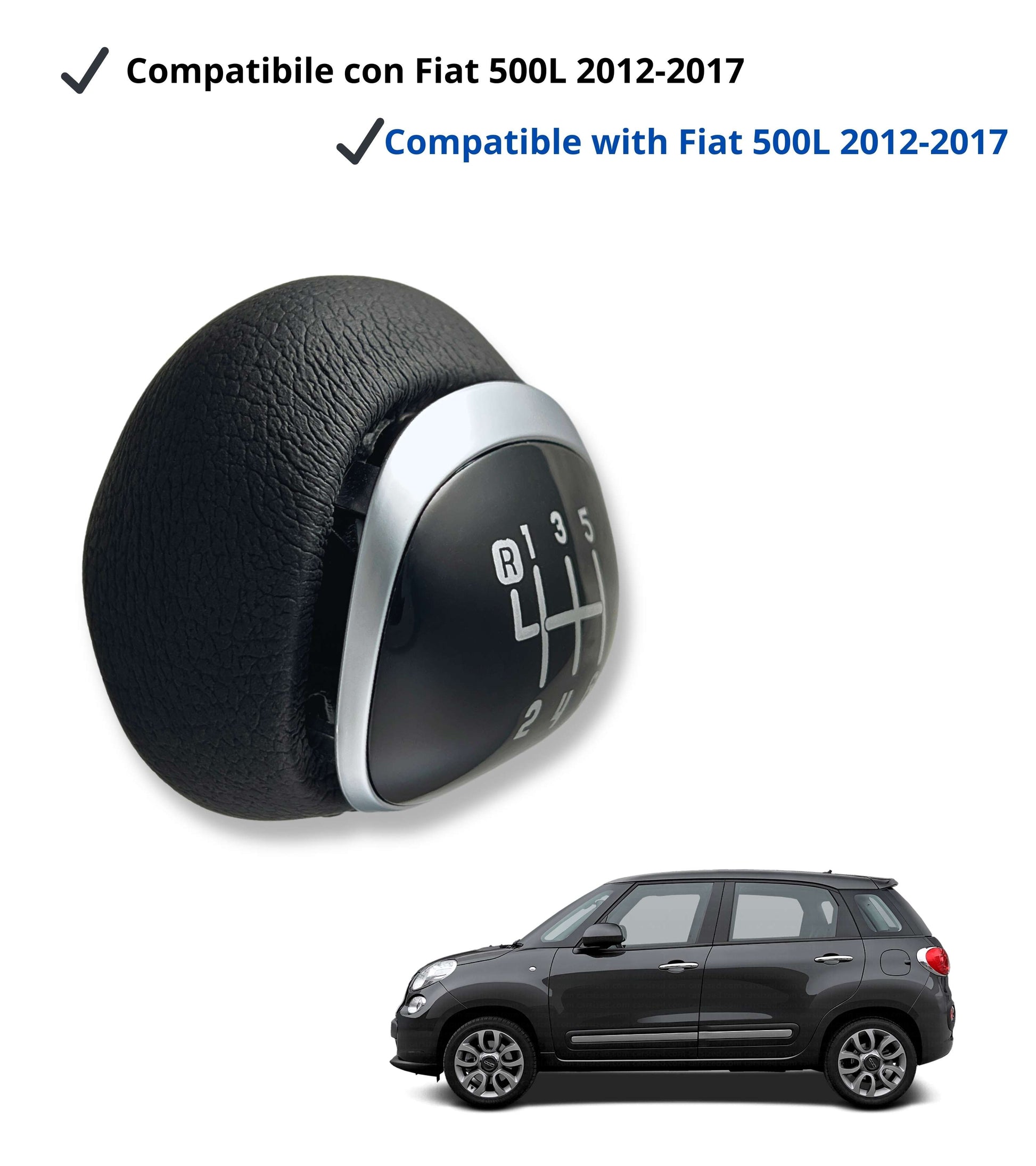 6 Speed ​​Gear Shift Knob Compatible with Fiat 500L 2012–2017 OEM 50293969 46314754 Black Lens Silver Metal Hole Reverse Top Left