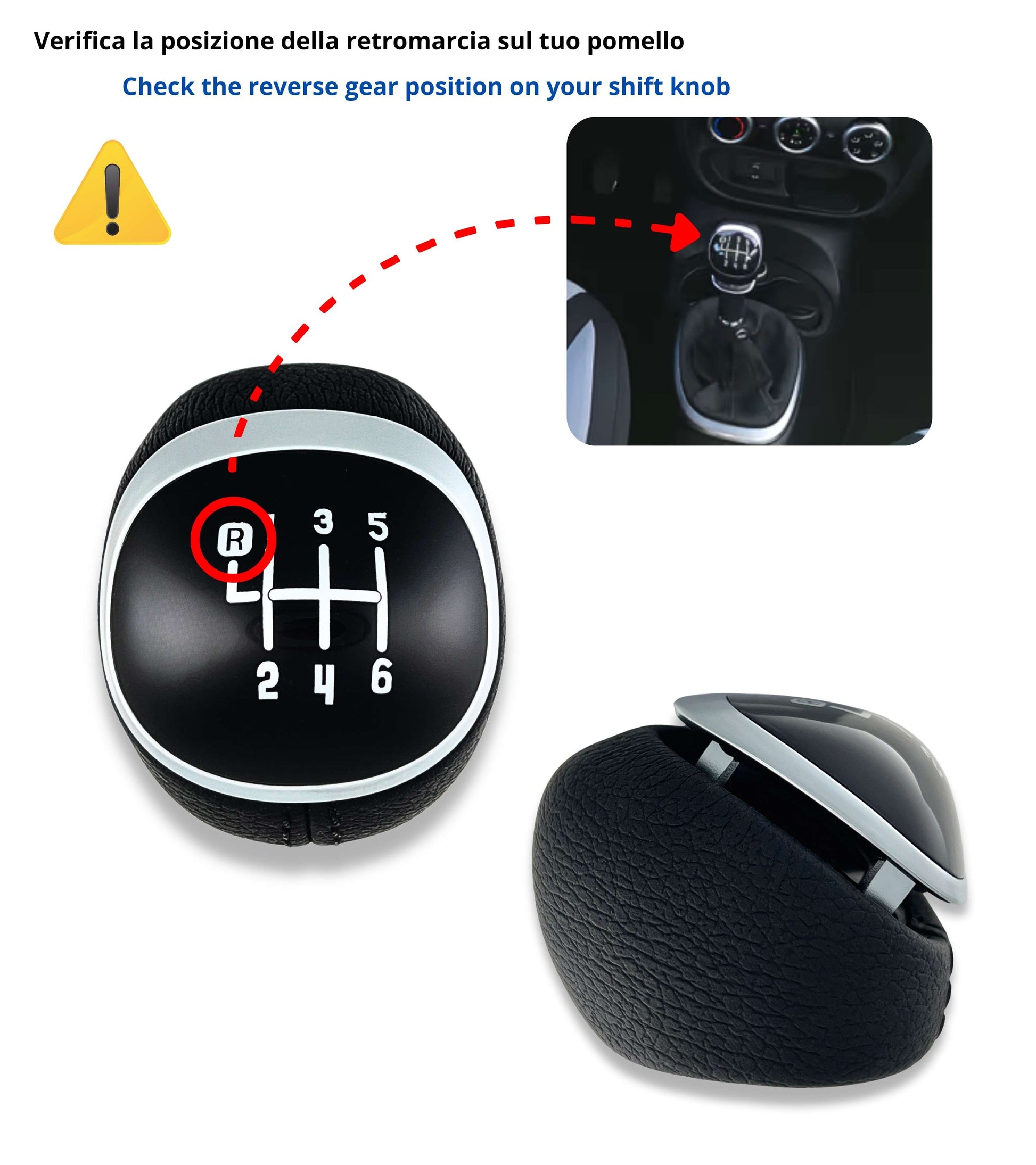6 Speed ​​Gear Shift Knob Compatible with Fiat 500L 2012–2017 OEM 50293969 46314754 Black Lens Silver Metal Hole Reverse Top Left