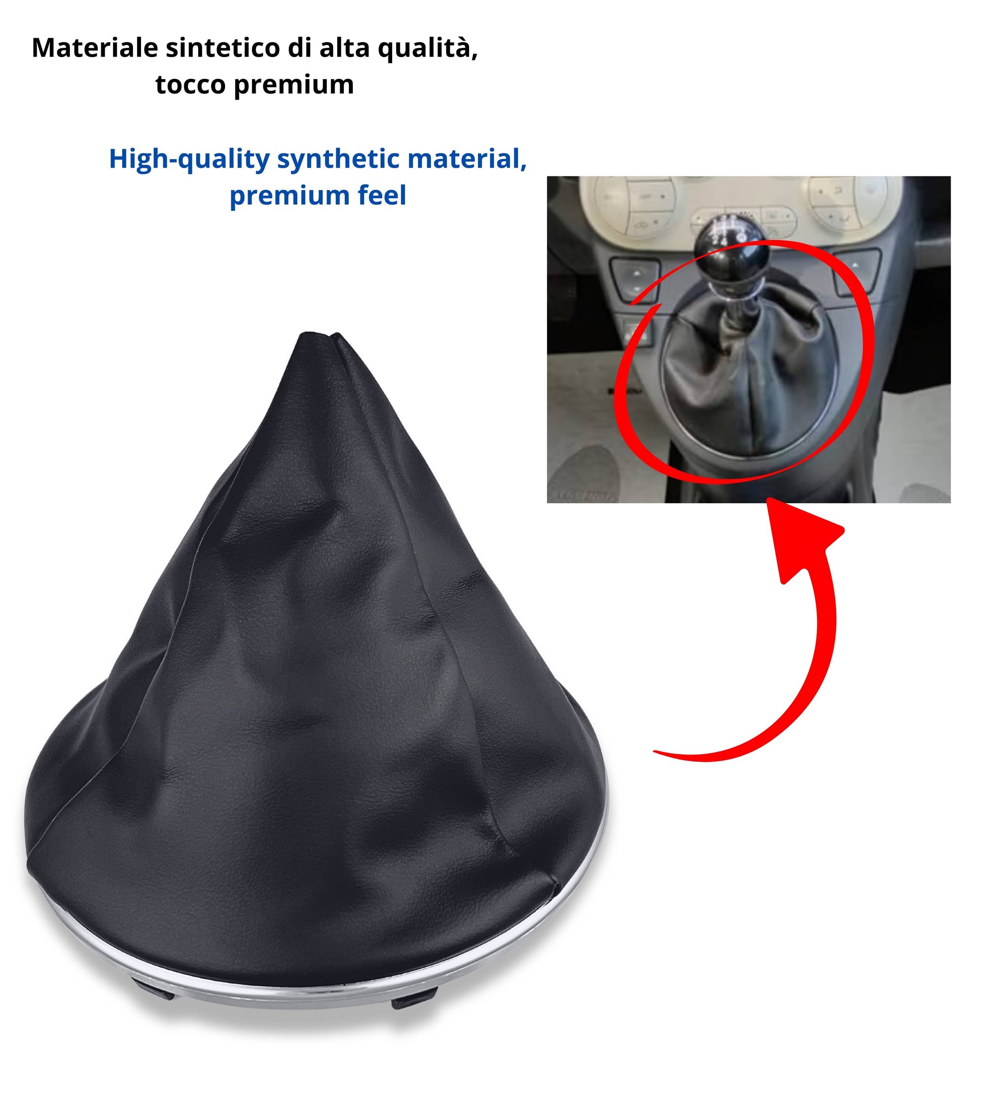 Black Gear Lever Boot with Chrome Frame and Retention Ring Compatible with Fiat 500 500c from 2007 to 2015