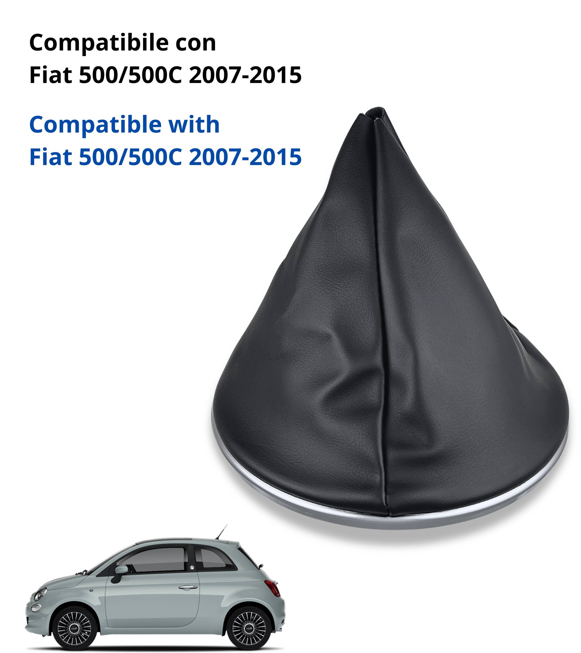 Black Gear Lever Boot with Chrome Frame and Retention Ring Compatible with Fiat 500 500c from 2007 to 2015