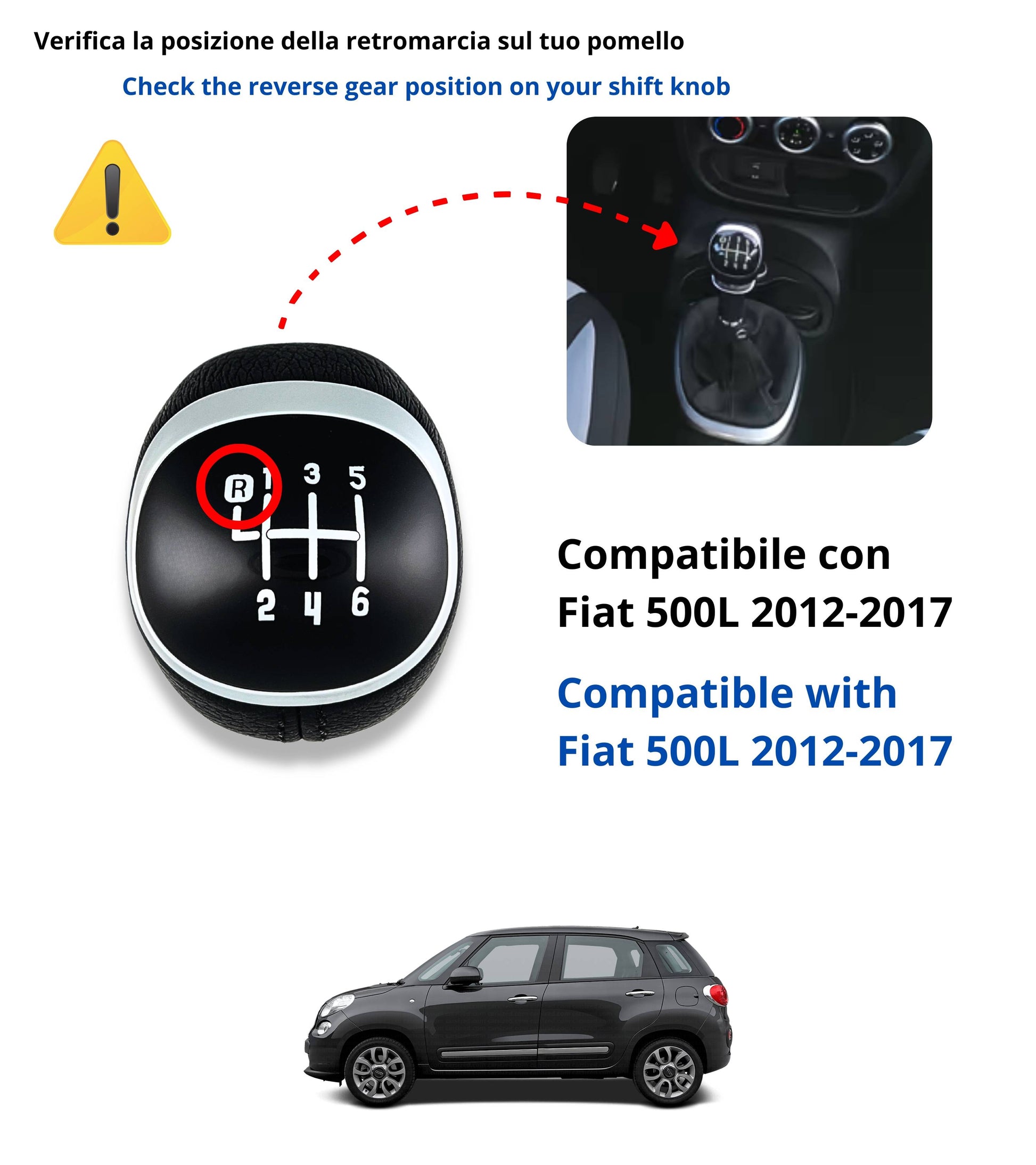 6 Speed ​​Gear Shift Knob and Boot Kit with Frame Compatible with Fiat 500L 2012–2017, OEM 50293969 46314754 735576477