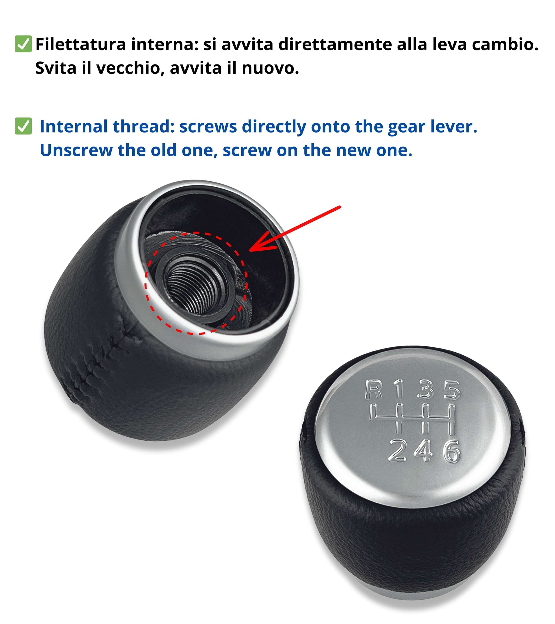 6 Speed ​​Gear Shift Knob Compatible with Toyota Avensis T25 Facelift 2006–2009 and RAV4 2005–2012, with Thread, Satin Silver Lens