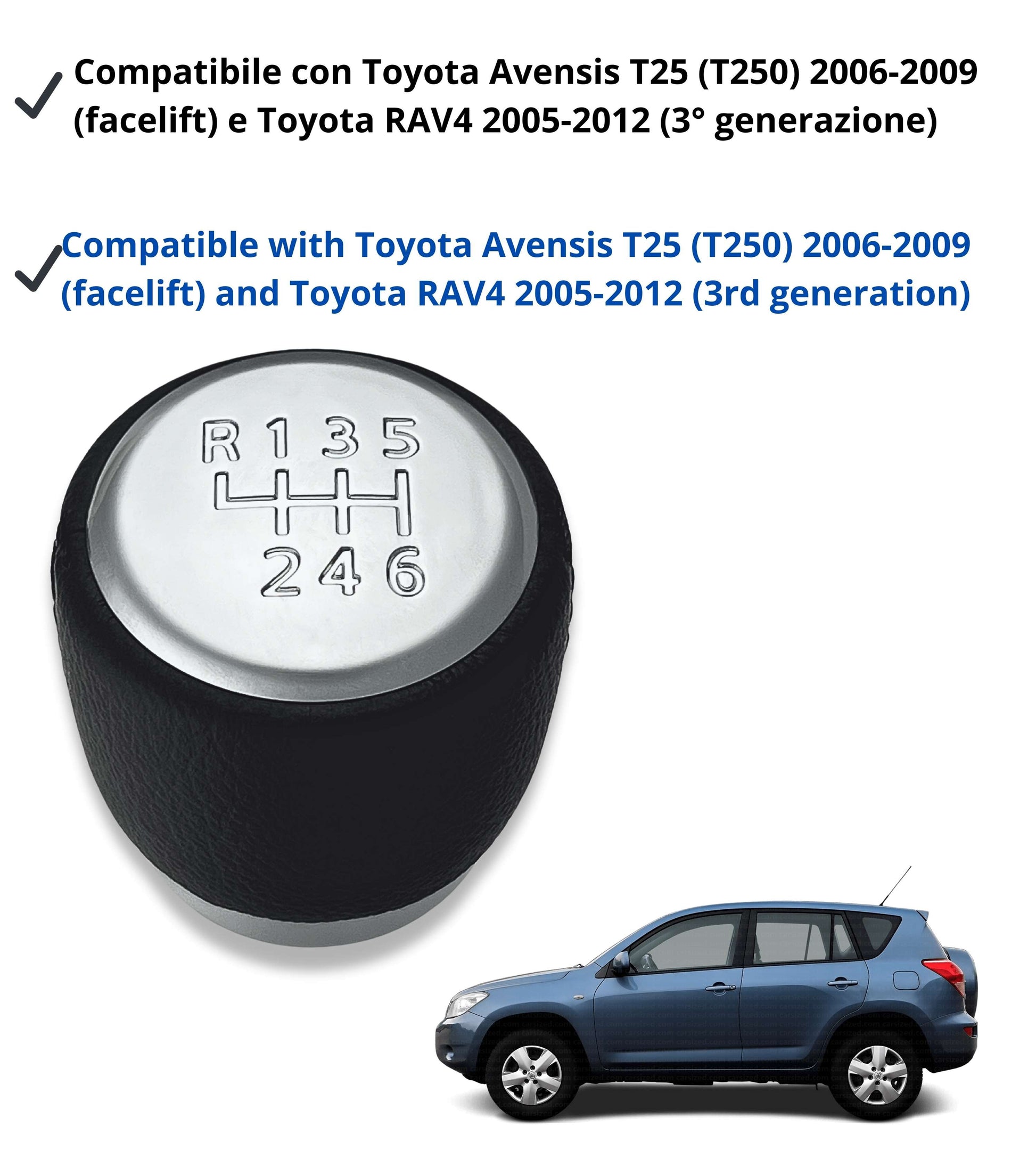 6 Speed ​​Gear Shift Knob Compatible with Toyota Avensis T25 Facelift 2006–2009 and RAV4 2005–2012, with Thread, Satin Silver Lens