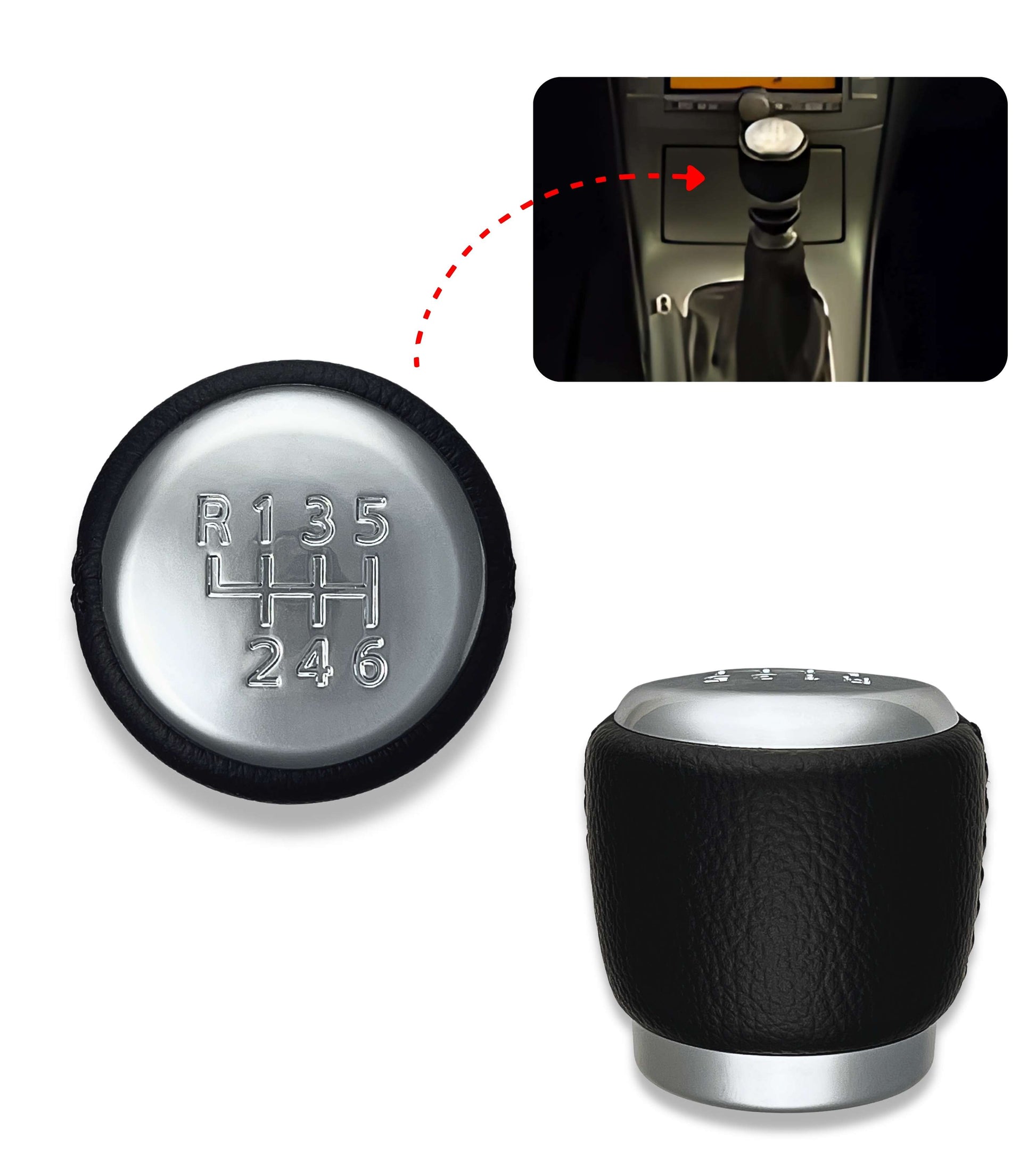 6 Speed ​​Gear Shift Knob Compatible with Toyota Avensis T25 Facelift 2006–2009 and RAV4 2005–2012, with Thread, Satin Silver Lens