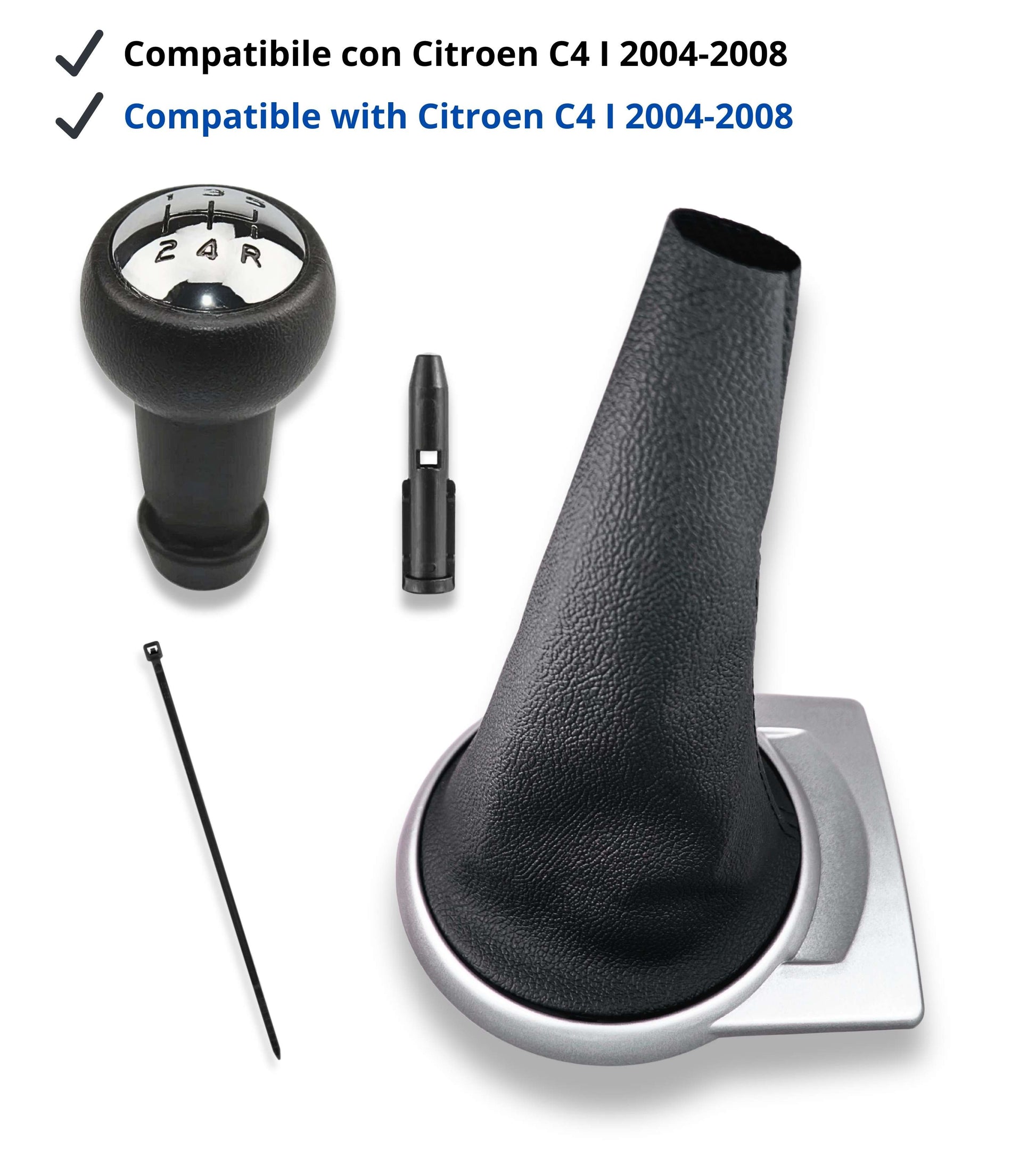 5 Speed ​​Gear Knob Kit with Boot and Ring, Compatible with Citroen C4 I (MK1) 2004–2010, Silver Frame, OEM 2403CV 9653800177, Adapter Included