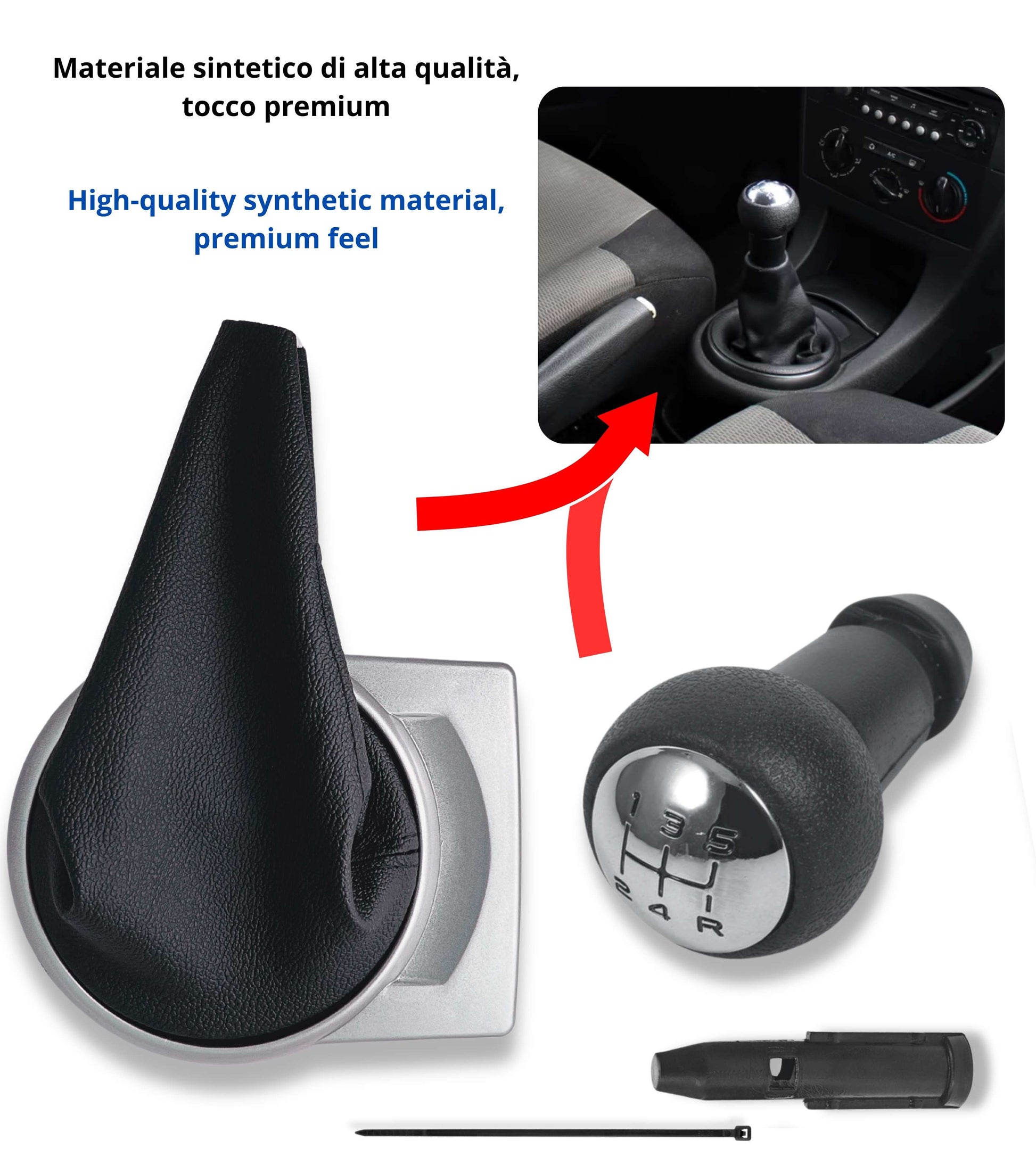 5 Speed ​​Gear Knob Kit with Boot and Ring, Compatible with Citroen C4 I (MK1) 2004–2010, Silver Frame, OEM 2403CV 9653800177, Adapter Included