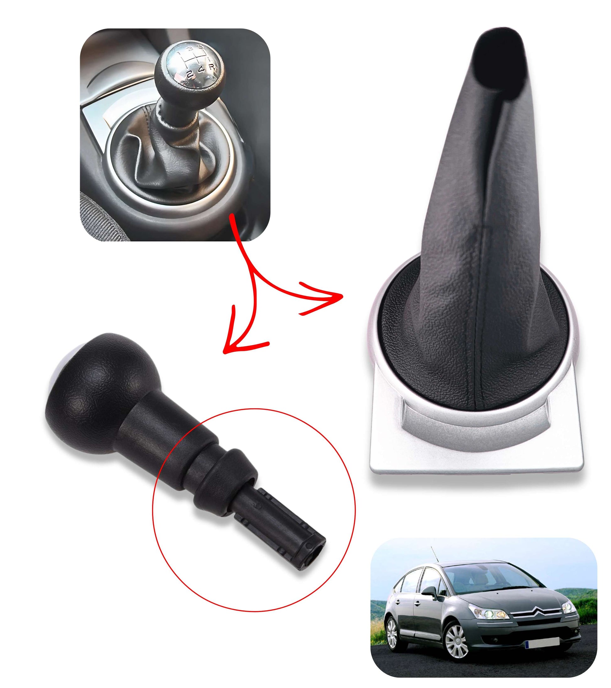 5 Speed ​​Gear Knob Kit with Boot and Ring, Compatible with Citroen C4 I (MK1) 2004–2010, Silver Frame, OEM 2403CV 9653800177, Adapter Included
