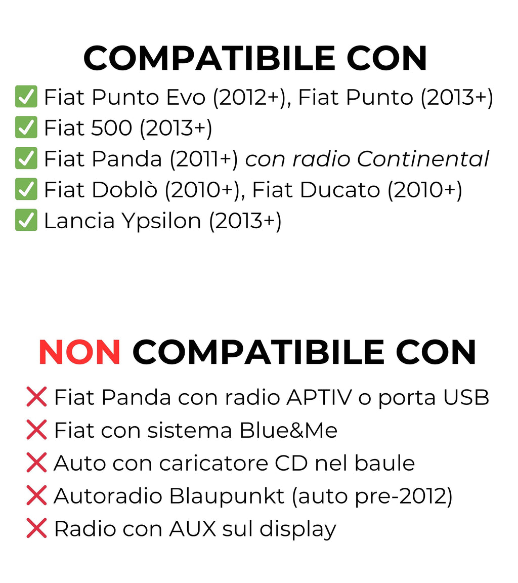 Kit AUX per Autoradio Delphi Bosch con Display No Source Available, Adattatore in Acciaio Doppio Jack Maschio, Chiavette, Compatibile con Fiat 500 Panda Punto Evo Lancia Y