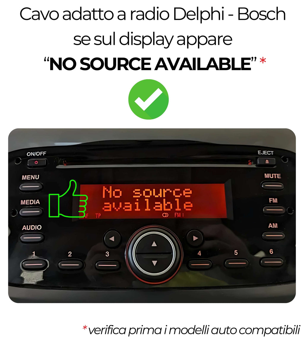 Kit AUX per Autoradio Delphi Bosch con Display No Source Available, Adattatore in Acciaio Doppio Jack Maschio, Chiavette, Compatibile con Fiat 500 Panda Punto Evo Lancia Y