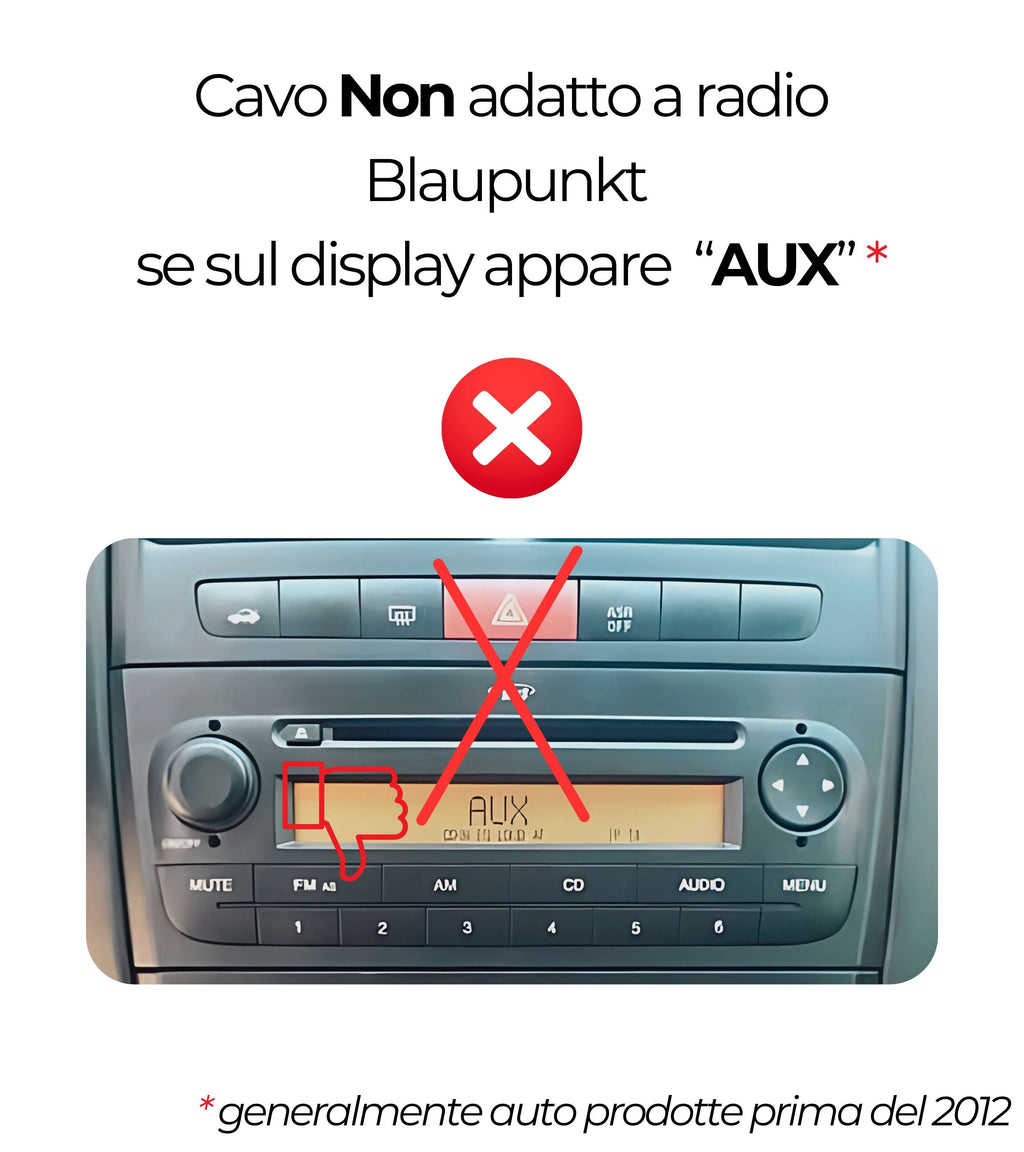 Kit AUX per Autoradio Delphi Bosch con Display No Source Available, Adattatore in Acciaio Doppio Jack Maschio, Chiavette, Compatibile con Fiat 500 Panda Punto Evo Lancia Y