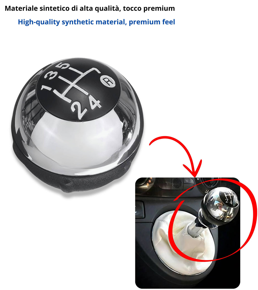 5 Speed ​​Gear Shift Knob Compatible with Fiat 500 (312) and 500C 2007–2018 Color Gloss Silver, OEM 55344048