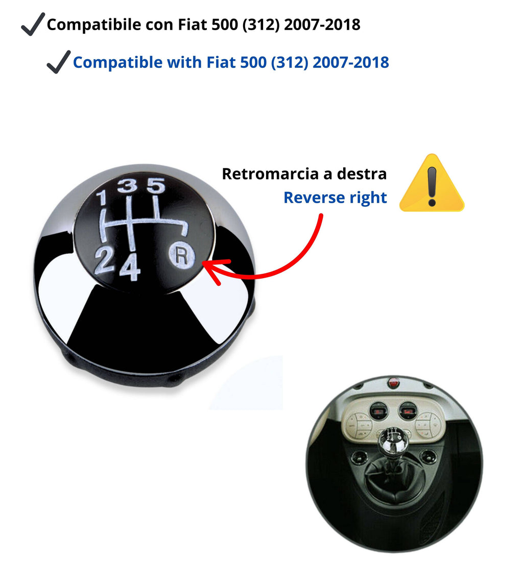 5 Speed ​​Gear Shift Knob Compatible with Fiat 500 (312) and 500C 2007–2018 Color Gloss Silver, OEM 55344048