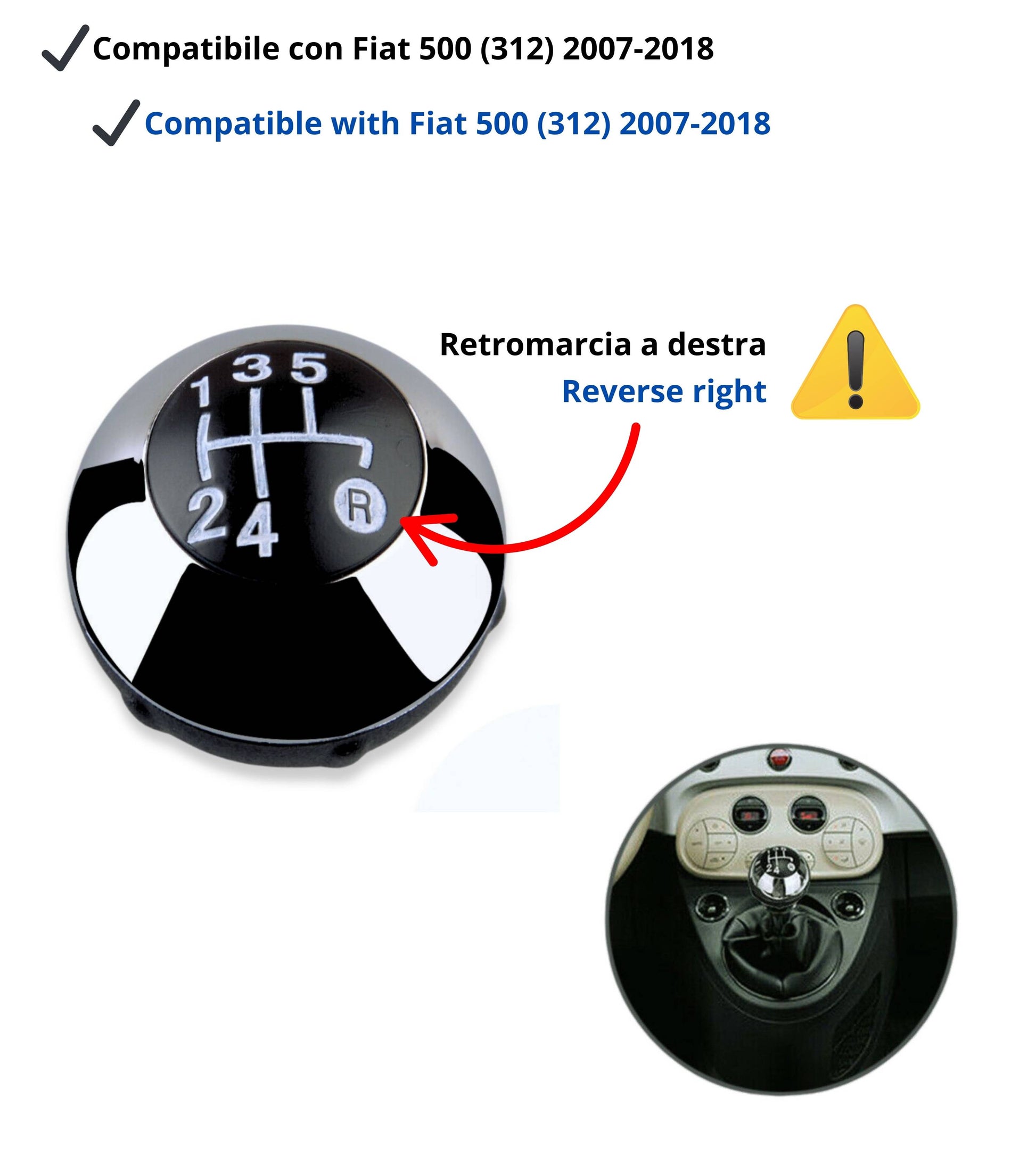 5 Speed ​​Gear Shift Knob Compatible with Fiat 500 (312) and 500C 2007–2018 Color Gloss Silver, OEM 55344048