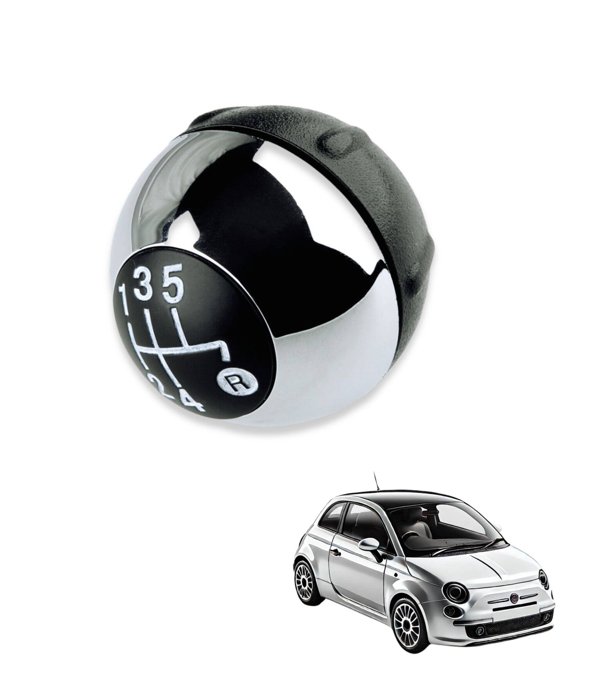 5 Speed ​​Gear Shift Knob Compatible with Fiat 500 (312) and 500C 2007–2018 Color Gloss Silver, OEM 55344048