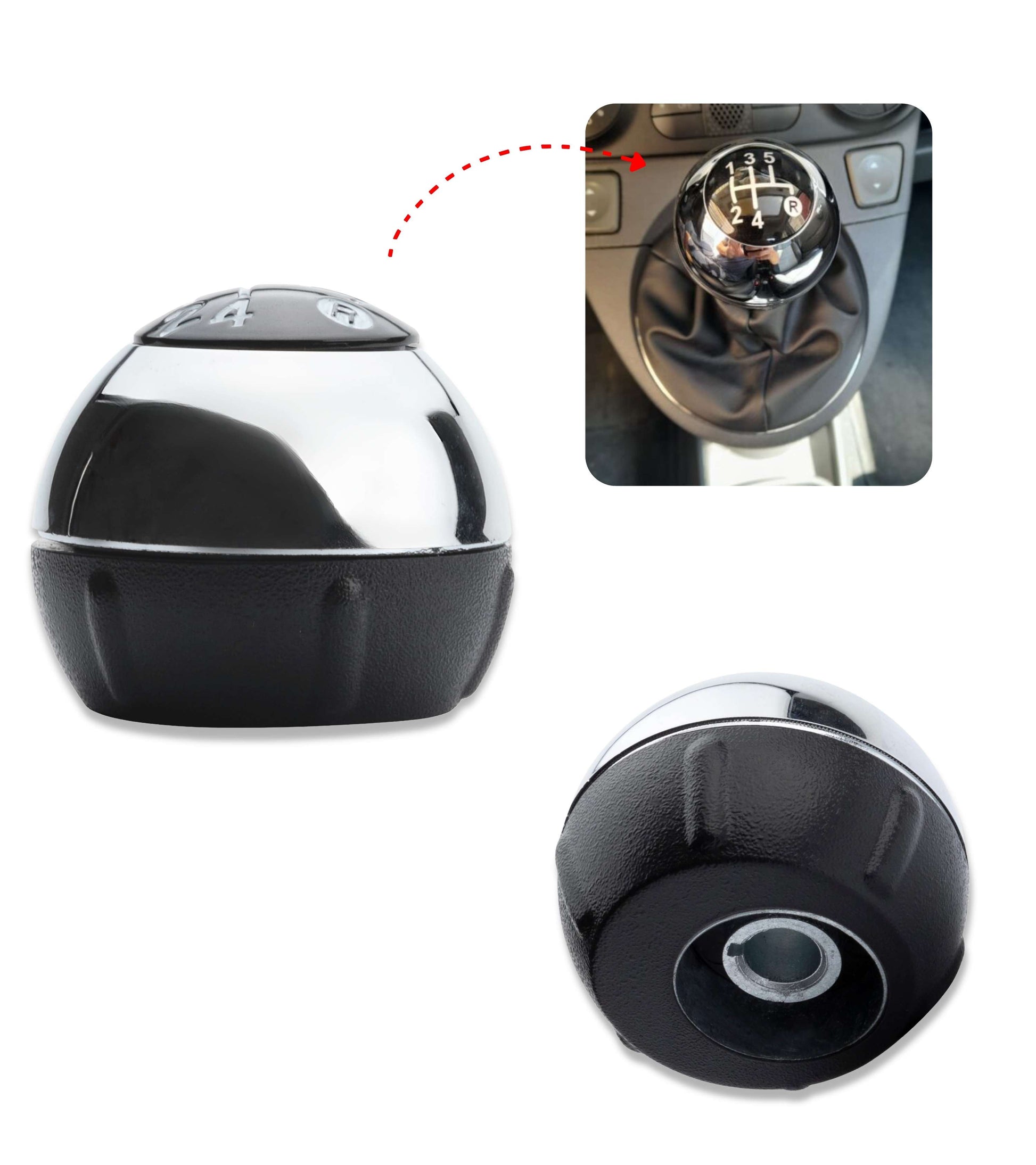 5 Speed ​​Gear Shift Knob Compatible with Fiat 500 (312) and 500C 2007–2018 Color Gloss Silver, OEM 55344048