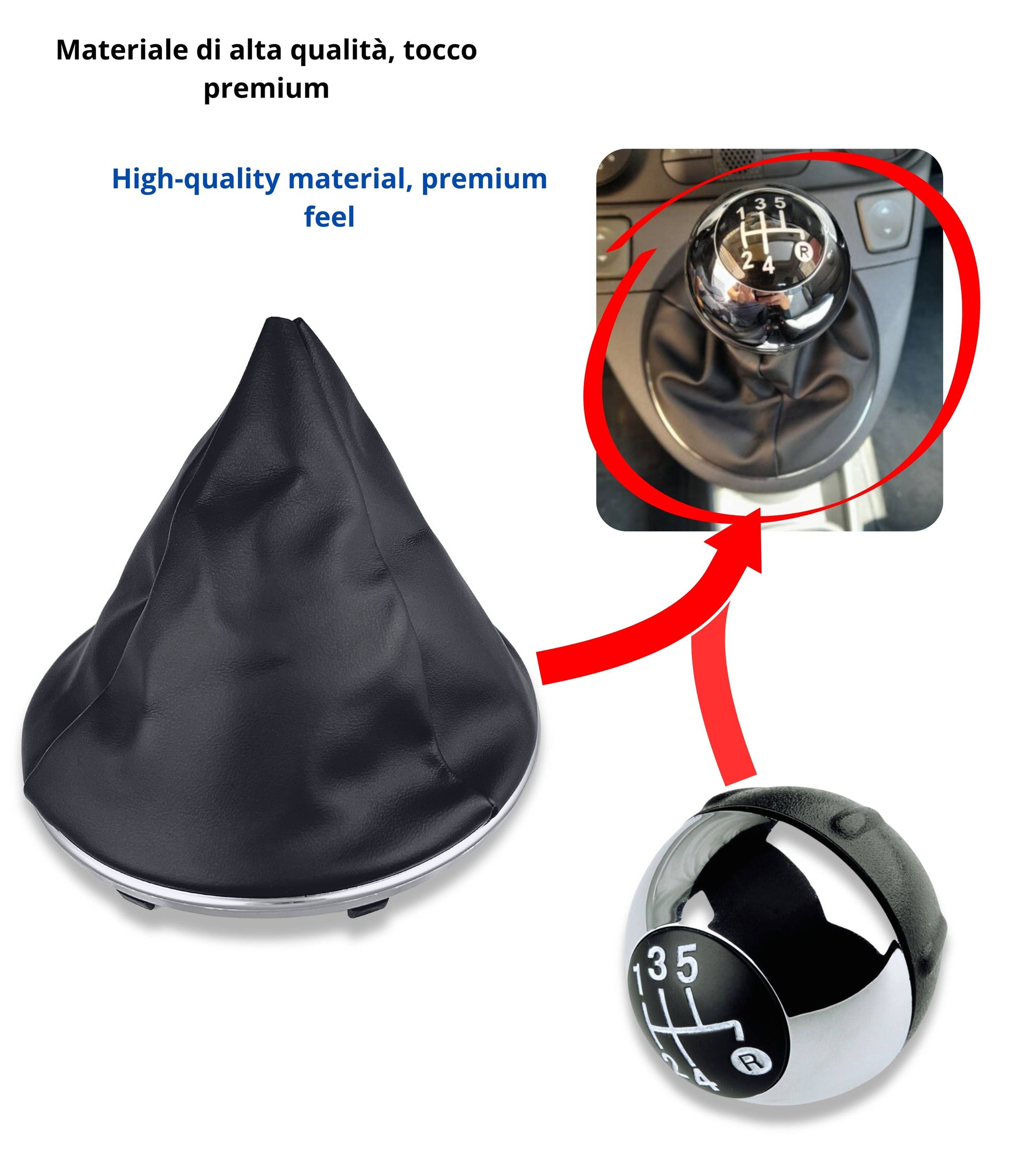 5 Speed ​​Gear Knob Kit with Cap and Glossy Silver Frame Compatible with Fiat 500 and 500C 2007–2018 | Ring Included | OEM 55344048, 50293173