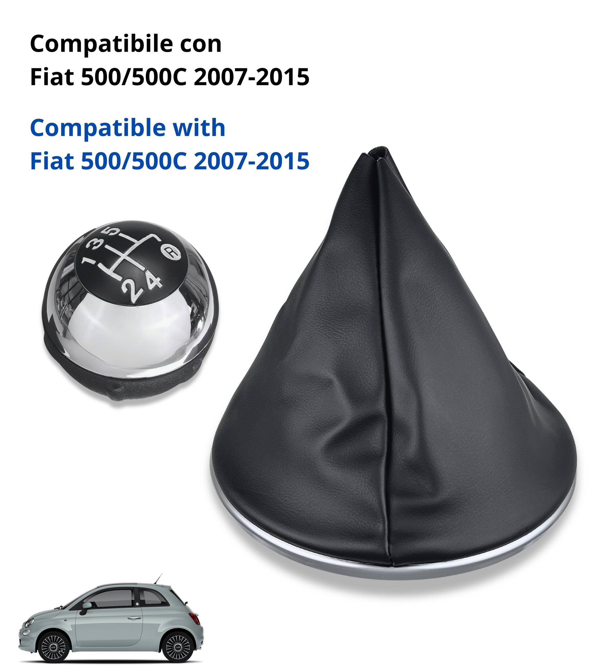 5 Speed ​​Gear Knob Kit with Cap and Glossy Silver Frame Compatible with Fiat 500 and 500C 2007–2018 | Ring Included | OEM 55344048, 50293173