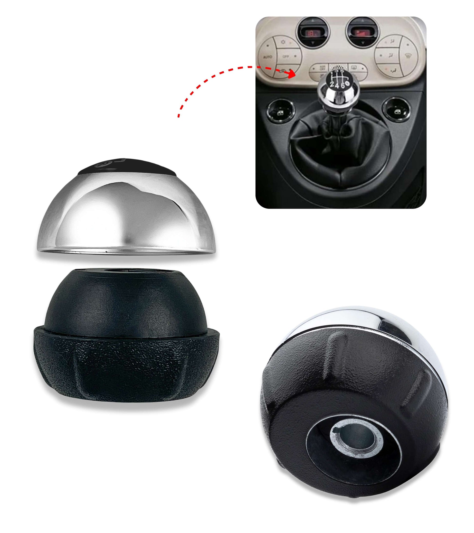 6 Speed ​​Gear Knob Compatible with Fiat 500 (312) and 500C from 2007 onwards, Glossy Silver Color, OEM 55344048