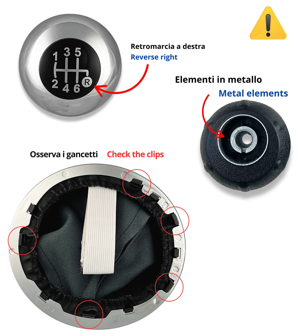 6 Speed ​​Gear Knob Kit with Glossy Silver Cap and Frame Compatible with Fiat 500 and 500C from 2007 onwards, Ring Included | OEM 6930526, 6930528, 6930505