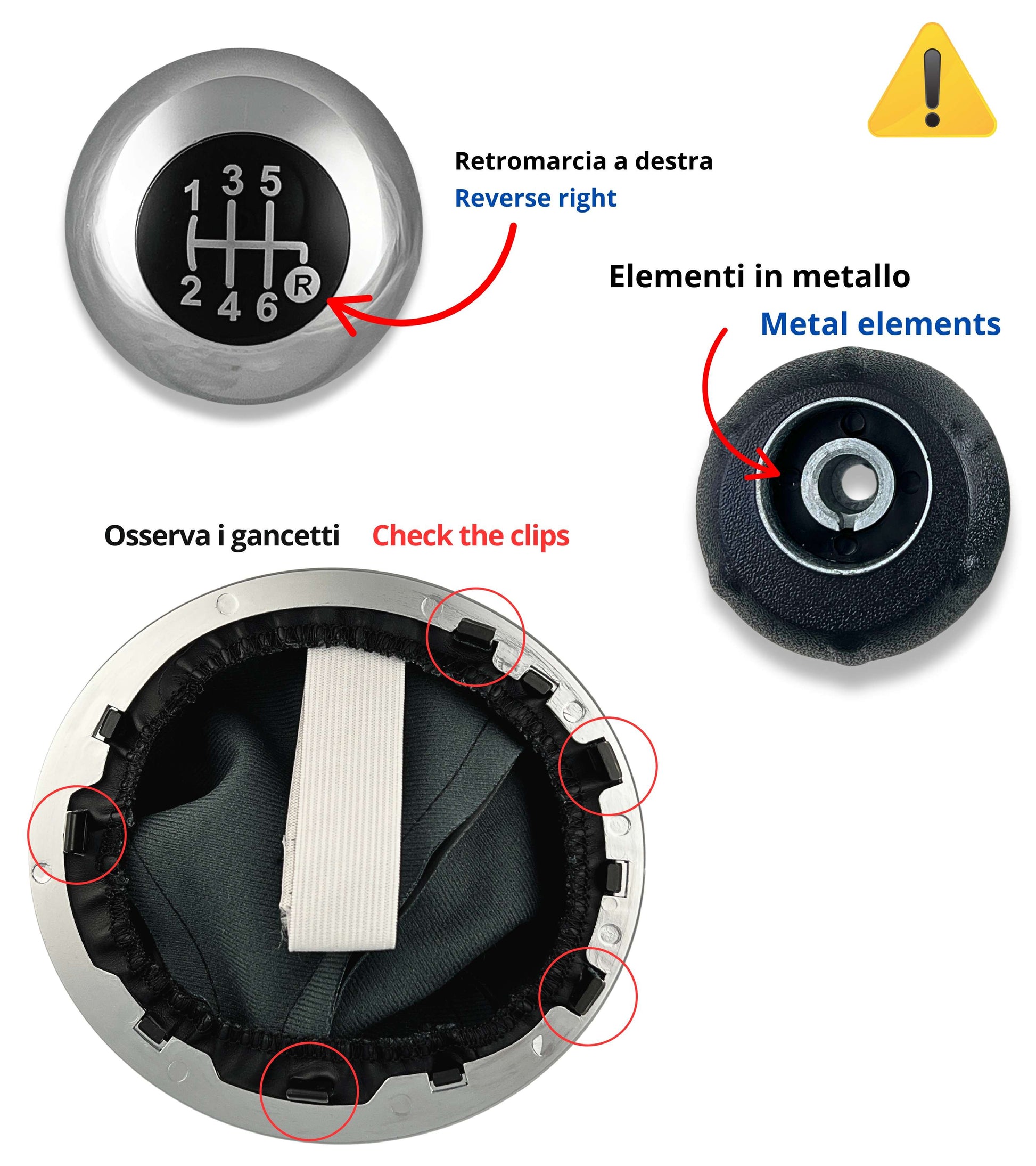 6 Speed ​​Gear Knob Kit with Glossy Silver Cap and Frame Compatible with Fiat 500 and 500C from 2007 onwards, Ring Included | OEM 6930526, 6930528, 6930505