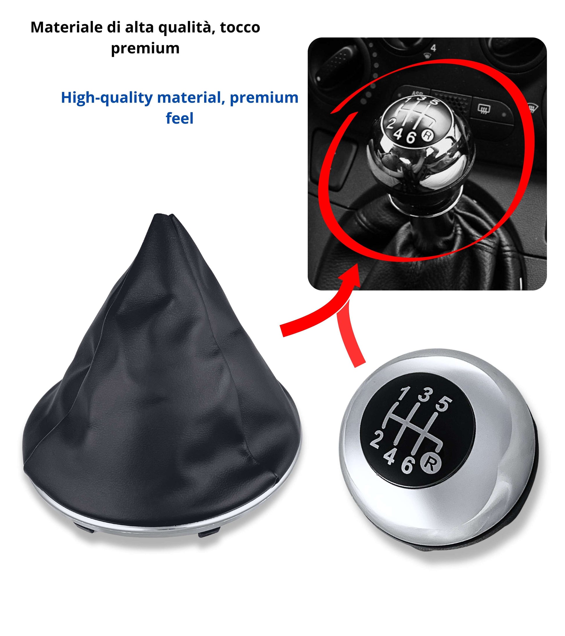 6 Speed ​​Gear Knob Kit with Glossy Silver Cap and Frame Compatible with Fiat 500 and 500C from 2007 onwards, Ring Included | OEM 6930526, 6930528, 6930505
