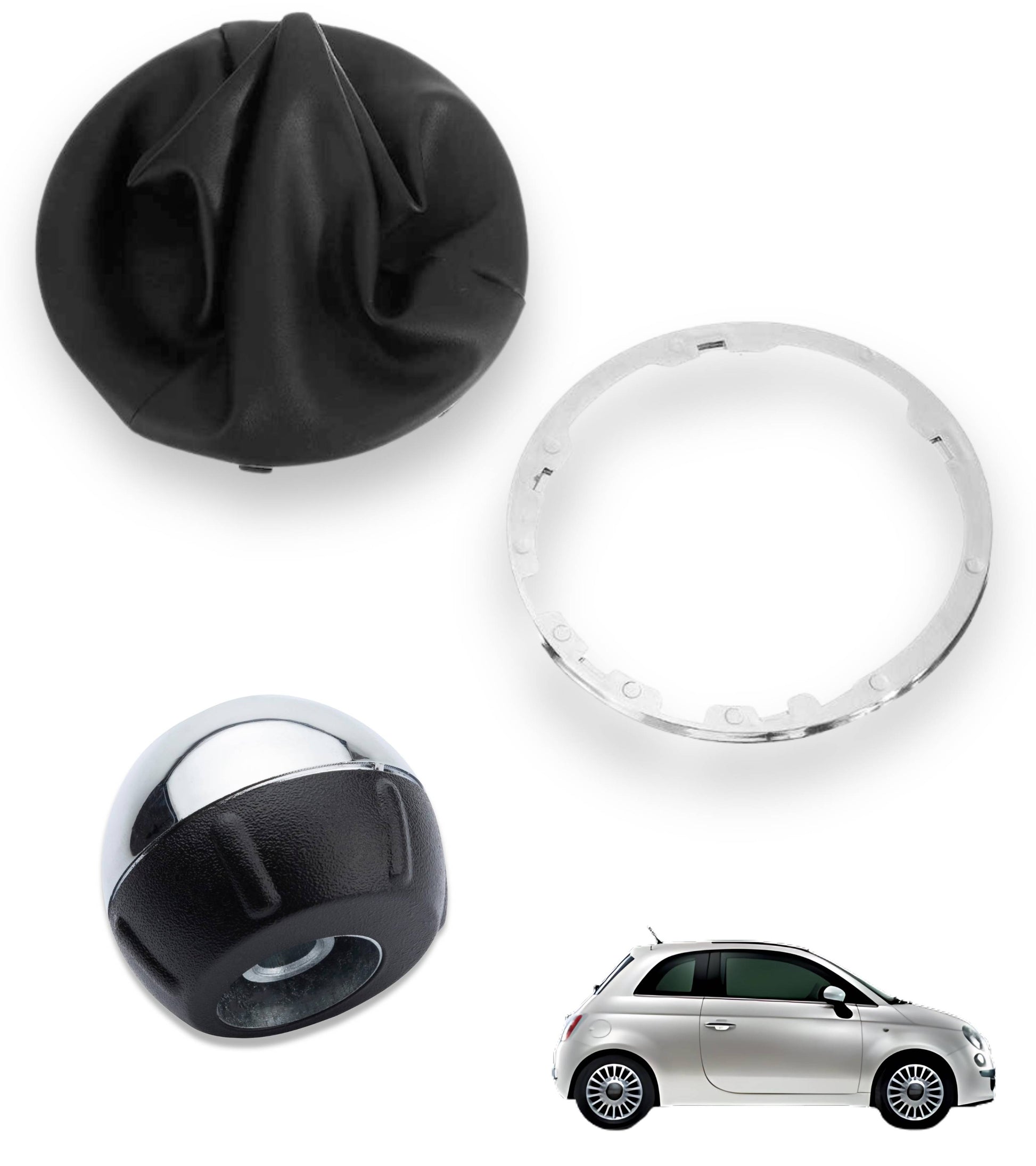 6 Speed ​​Gear Knob Kit with Glossy Silver Cap and Frame Compatible with Fiat 500 and 500C from 2007 onwards, Ring Included | OEM 6930526, 6930528, 6930505