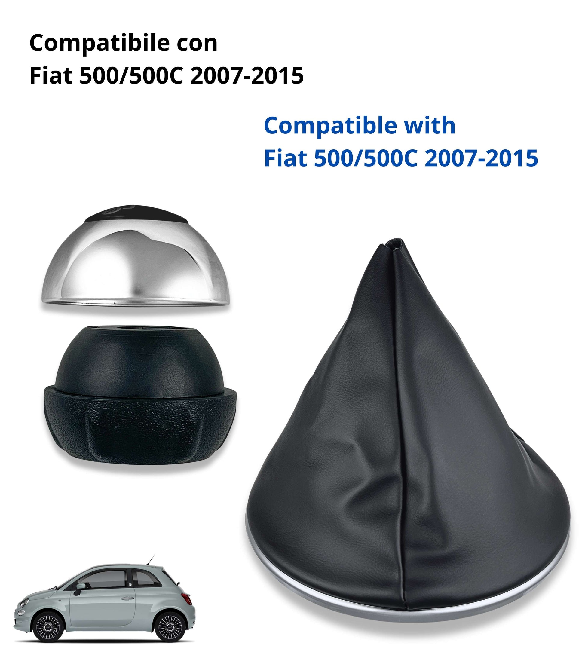 6 Speed ​​Gear Knob Kit with Glossy Silver Cap and Frame Compatible with Fiat 500 and 500C from 2007 onwards, Ring Included | OEM 6930526, 6930528, 6930505