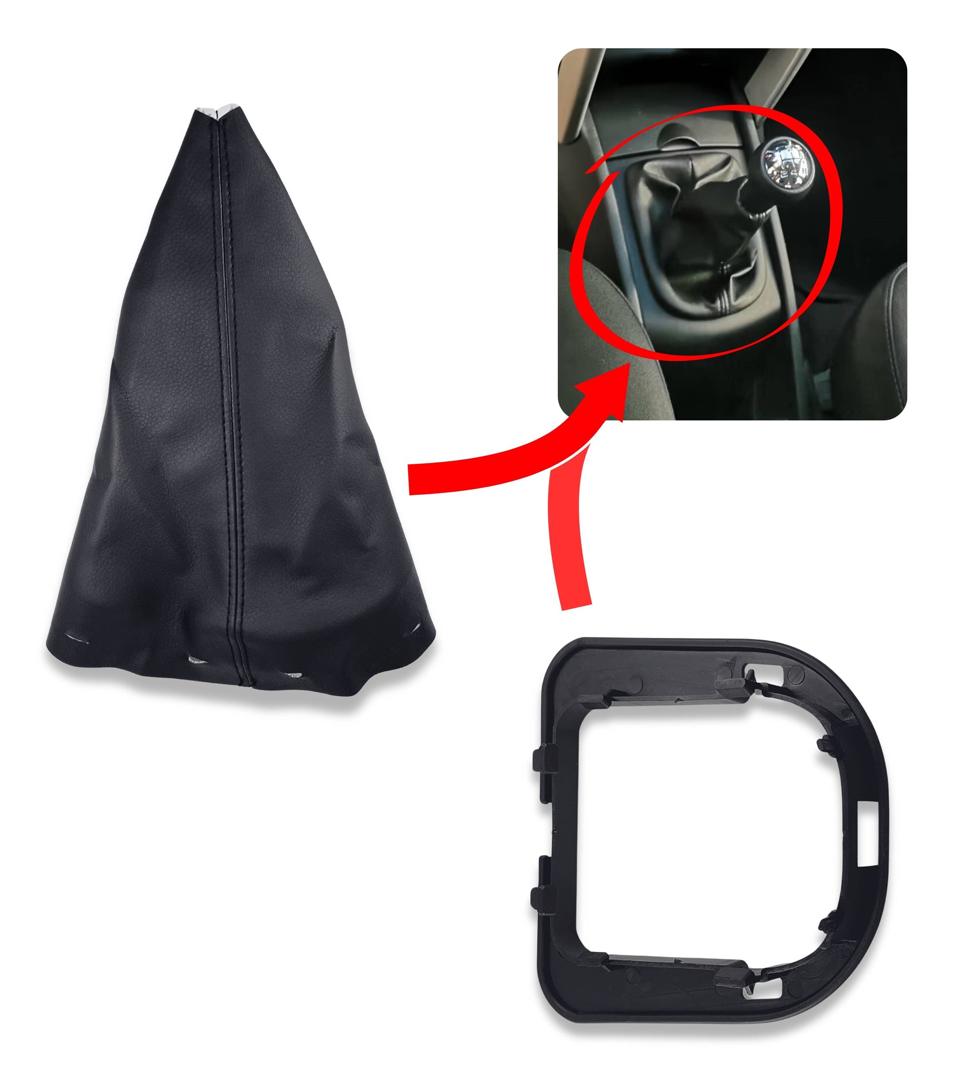 Gear Shift Boot with Retention Ring Compatible with Peugeot 207 307 308 607 608, Black Stitching, Boot and Retention Ring Only