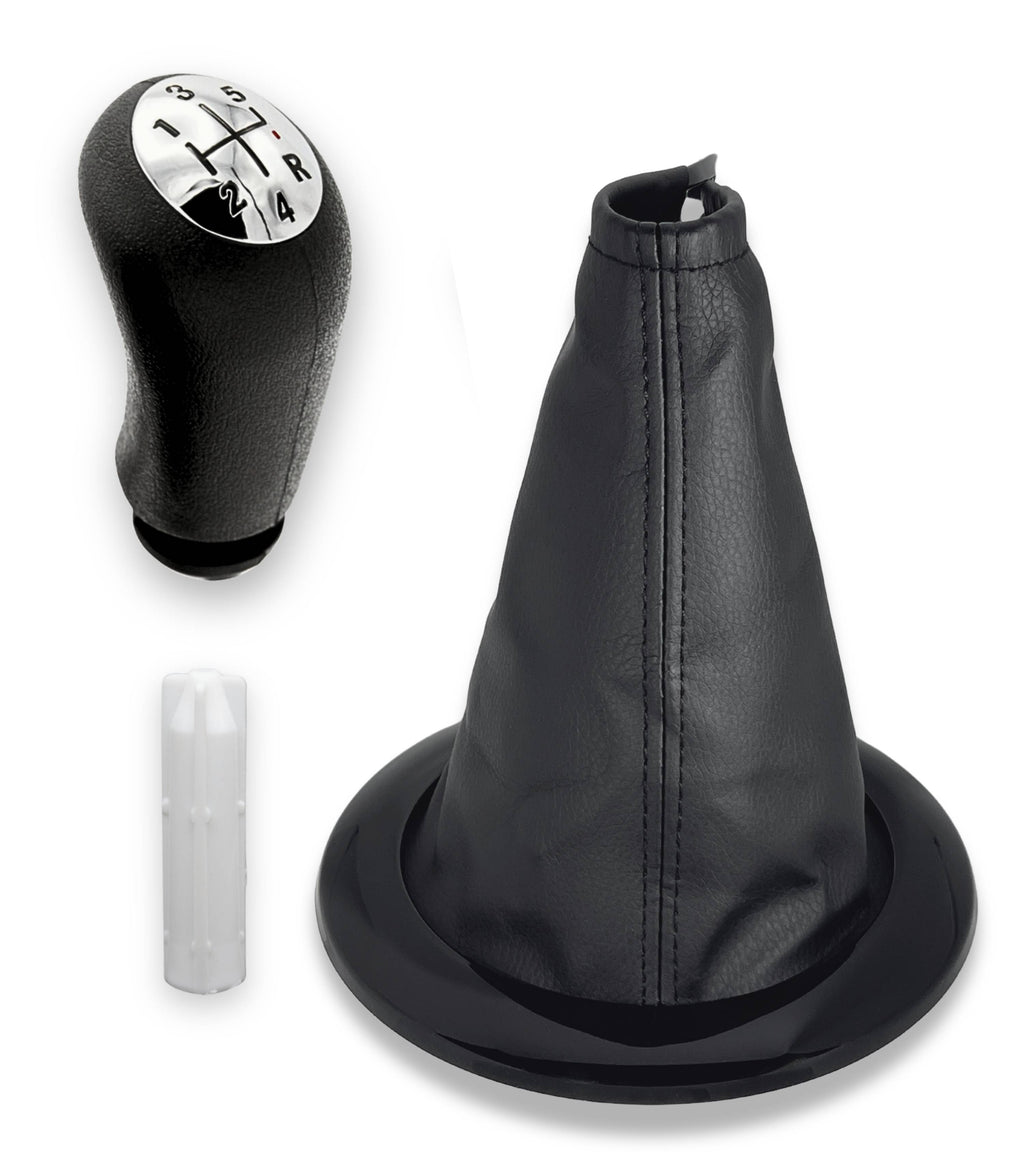 Kit Pomello Leva Cambio 5 Marce, Cuffia Nera con Cornice Cromata Nera, Ghiera e Adattatore, Compatibile con Renault Megane II 2002–2009, OEM 8200858261, 8200454975