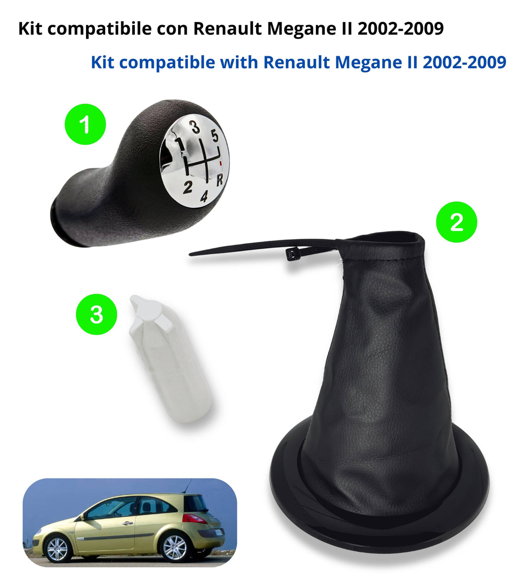 Kit Pomello Leva Cambio 5 Marce, Cuffia Nera con Cornice Cromata Nera, Ghiera e Adattatore, Compatibile con Renault Megane II 2002–2009, OEM 8200858261, 8200454975