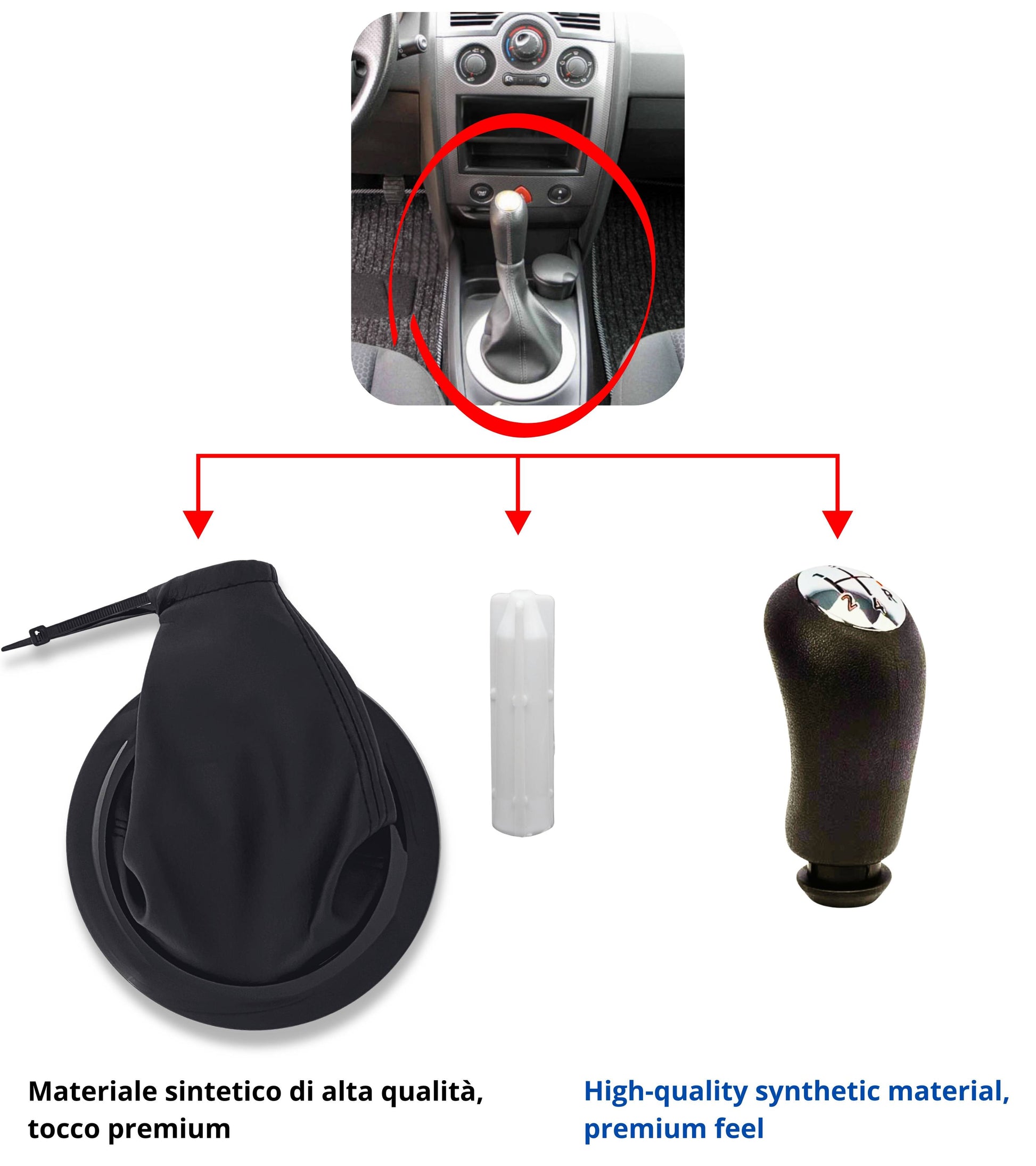 Kit Pomello Leva Cambio 5 Marce, Cuffia Nera con Cornice Cromata Nera, Ghiera e Adattatore, Compatibile con Renault Megane II 2002–2009, OEM 8200858261, 8200454975