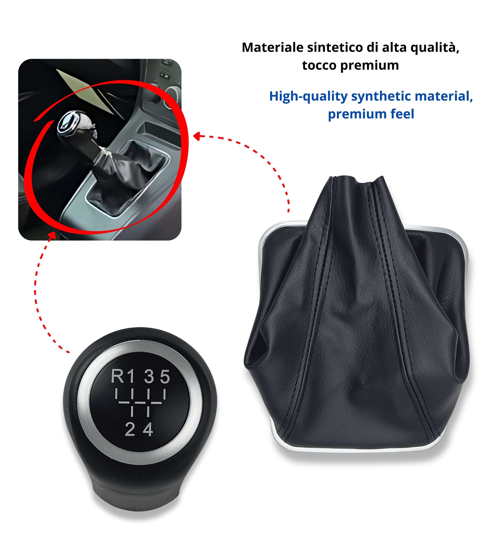 Kit Pomello Leva Cambio Nero 5 Marce con Cuffia, Cornice Argento e Ghiera Compatibile con Opel Zafira B 2005–2014, Verifica Codice OEM 55354140
